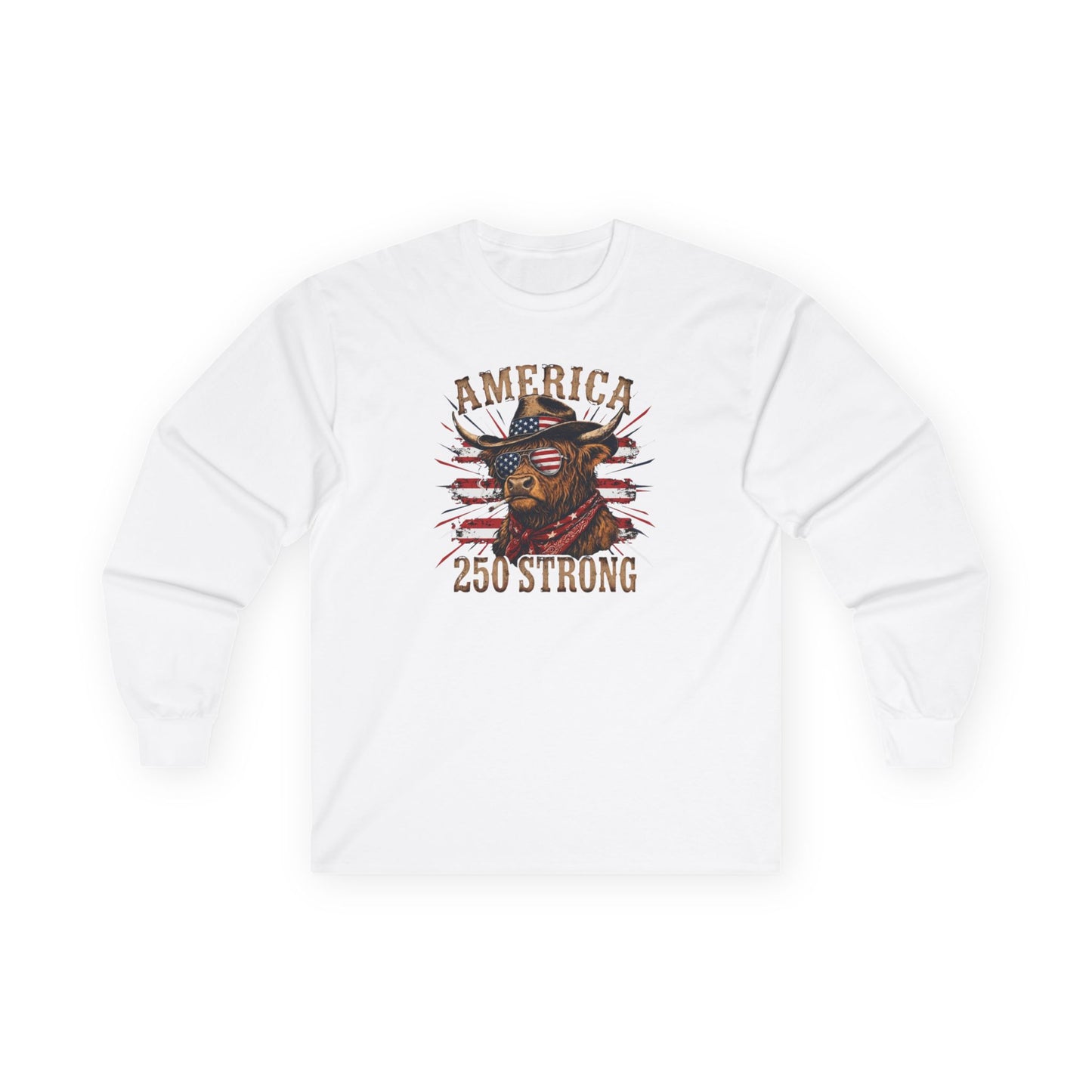 #250 America 250 Strong Patriotic Bull with American Flag Long Sleeve Tee