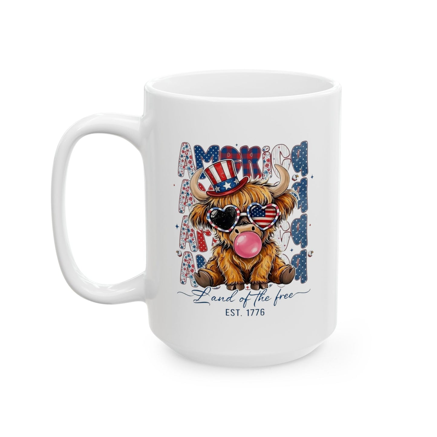 #250 American Flag Bubblegum Patriotic Highland Cow Ceramic Mug - 11oz & 15oz