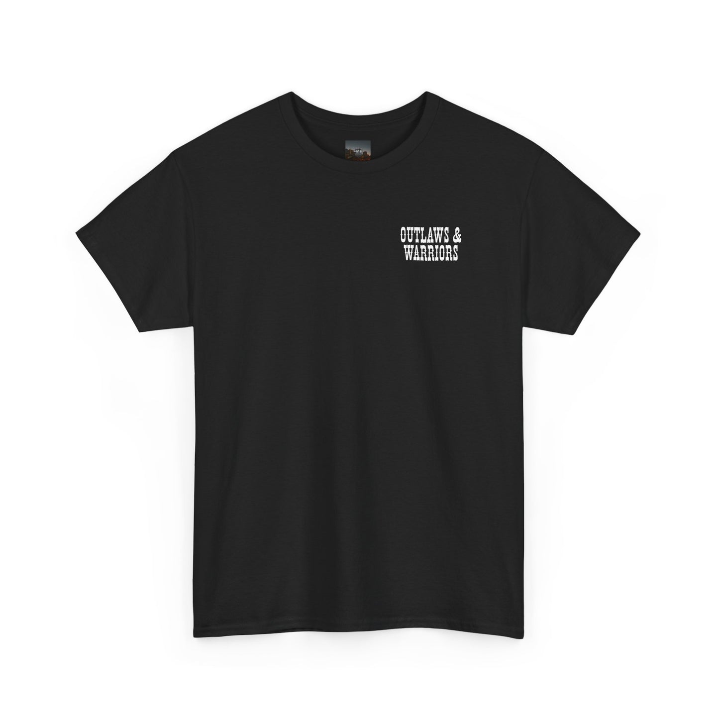 Outlaws & Warriors 100% Cotton T-Shirt — Minimal Chest Logo with Graphic On Back