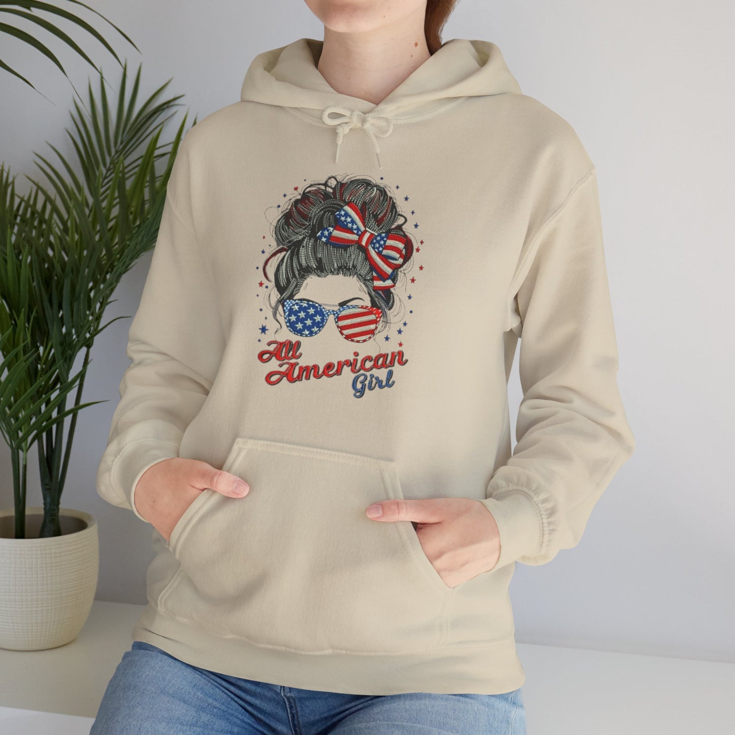 #250 "All American Girl" Patriotic Messy Bun Hoodie