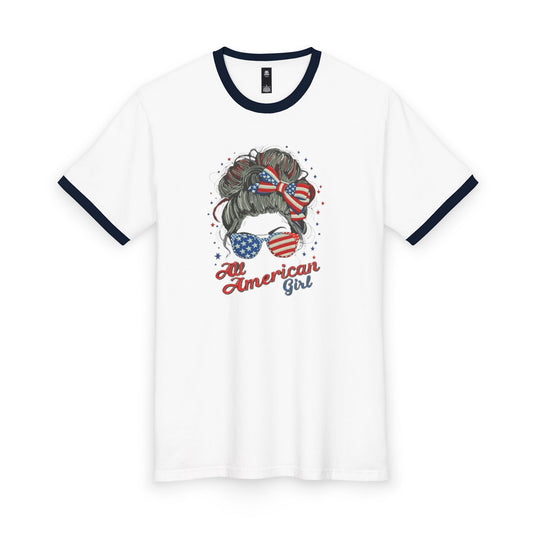 #250 "All American Girl" Patriotic Messy Bun Ringer Tee