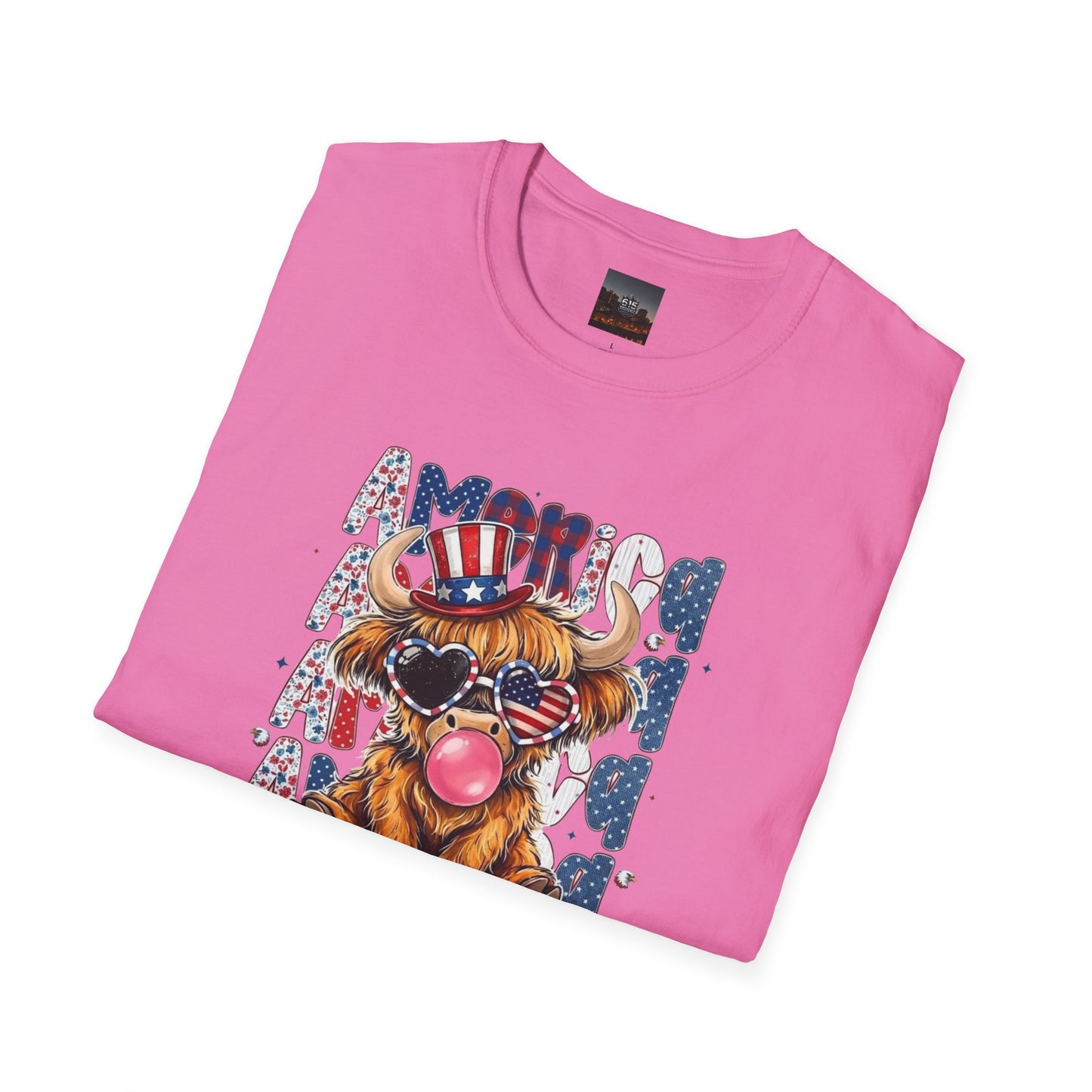 #250 American Flag Bubblegum Patriotic Highland Cow T-Shirt