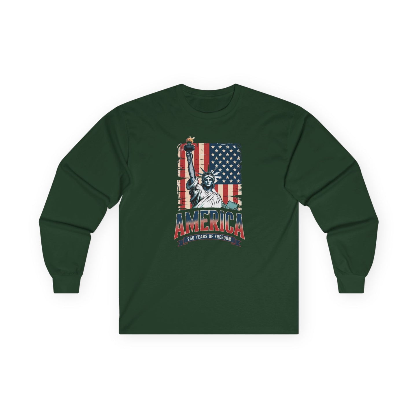 #250 Statue of Liberty American Flag 'America' Patriotic Independence Day Long Sleeve Tee