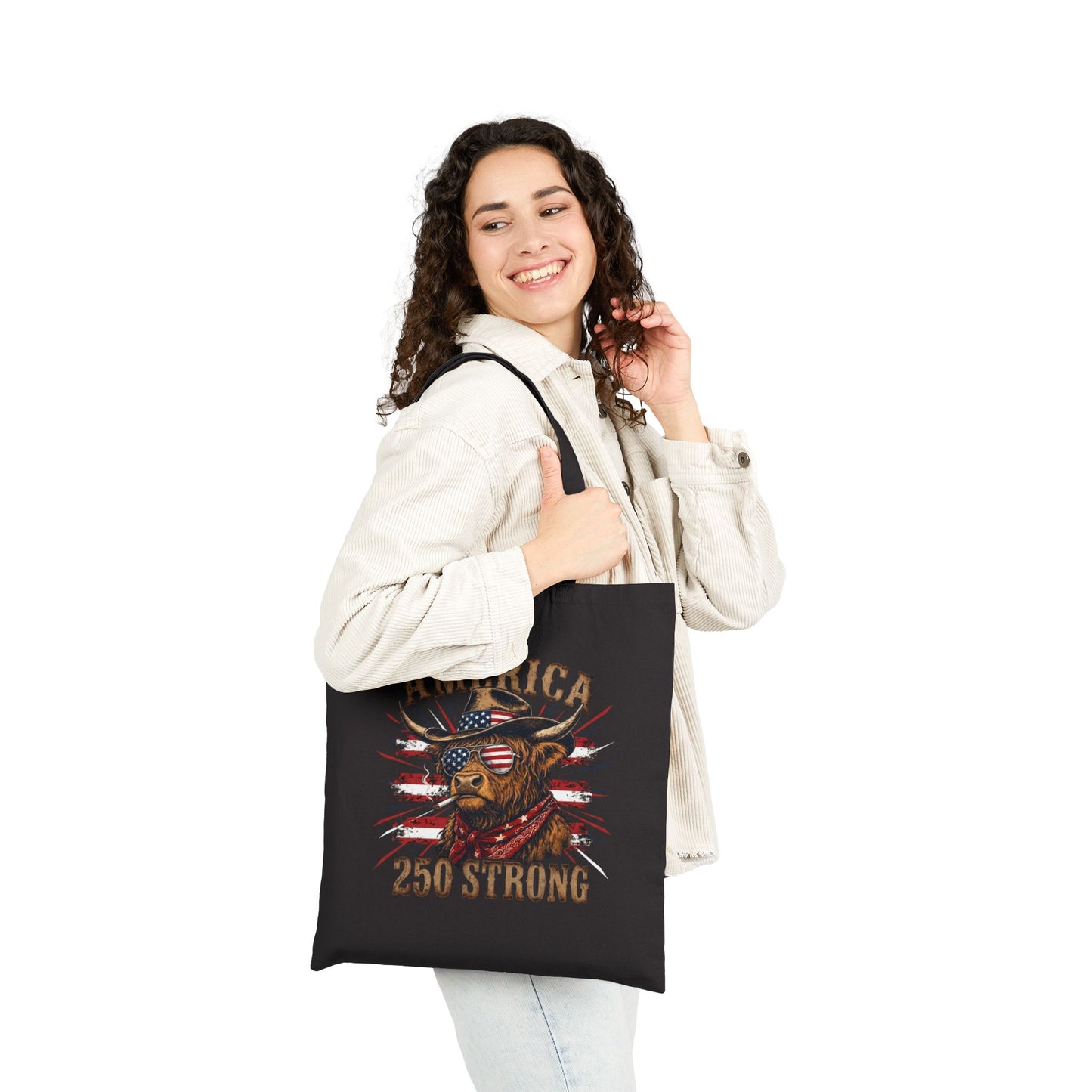 #250 America 250 Strong Patriotic Bull with American Flag Canvas Tote Bag