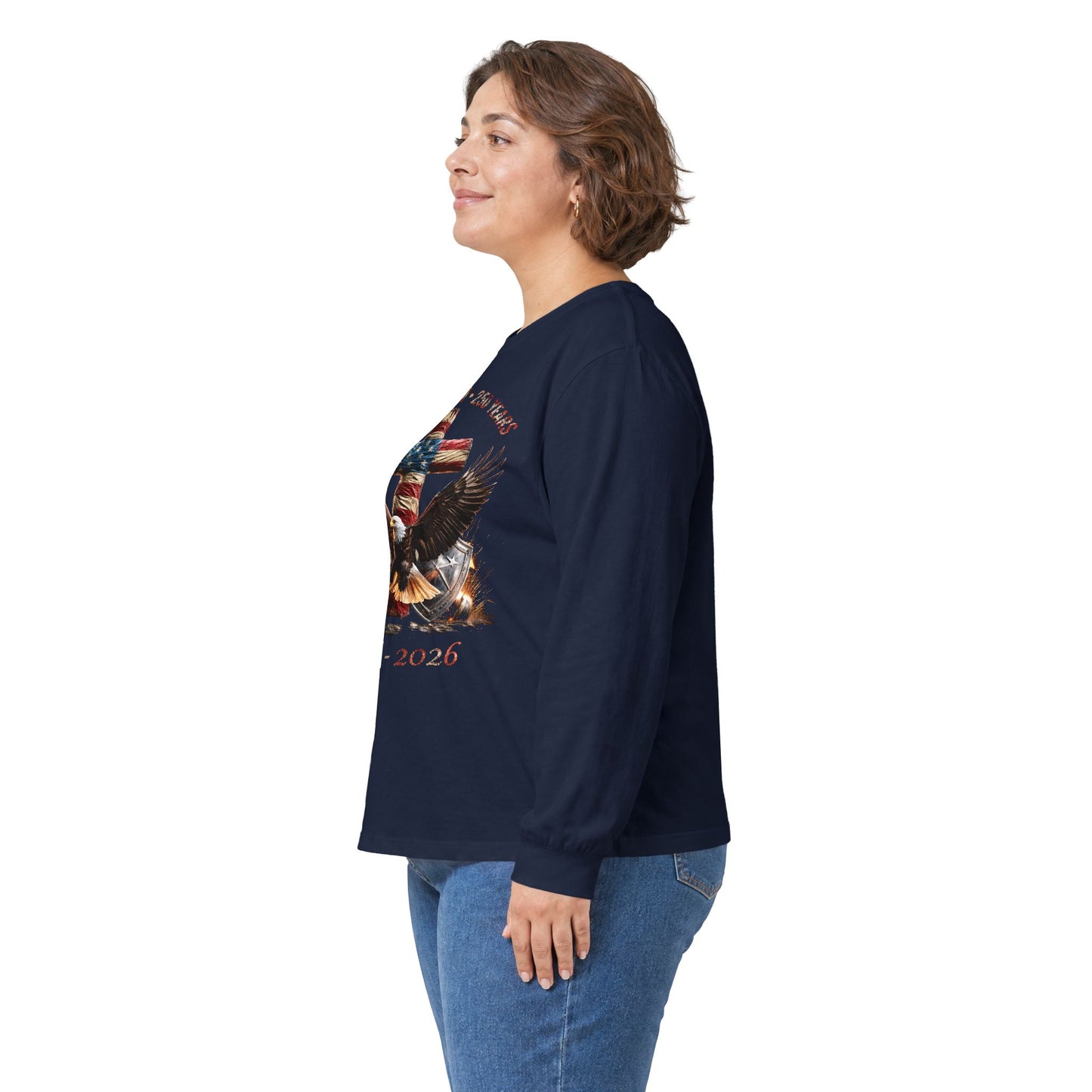 #250 Faith • Freedom 250 Years American Flag Cross & Eagle 1776-2026 Long Sleeve Tee