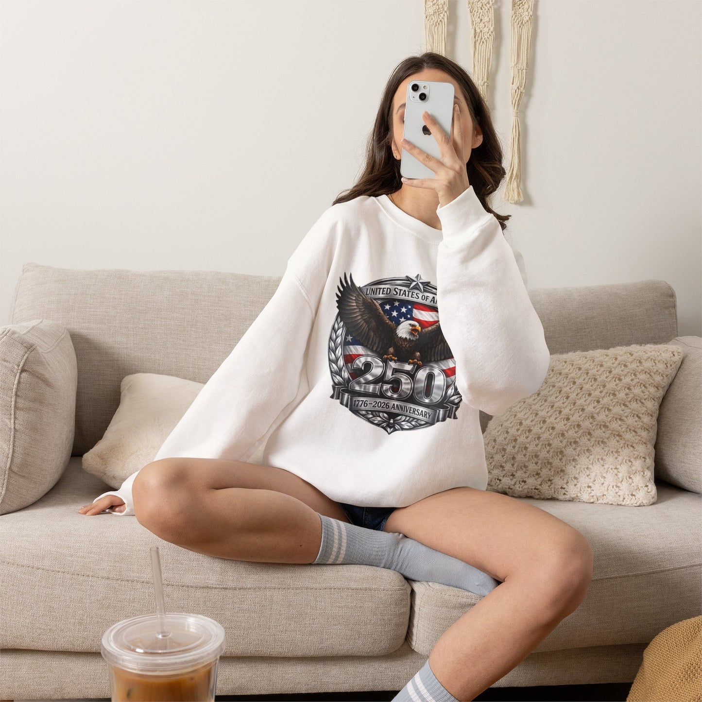 #250 Patriotic Bald Eagle 250 United States Emblem Crewneck Sweatshirt