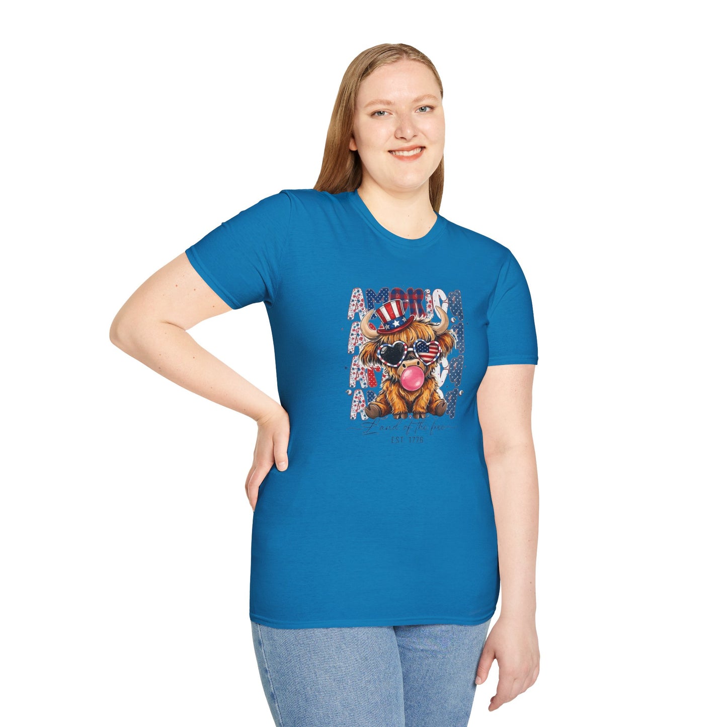 #250 American Flag Bubblegum Patriotic Highland Cow T-Shirt