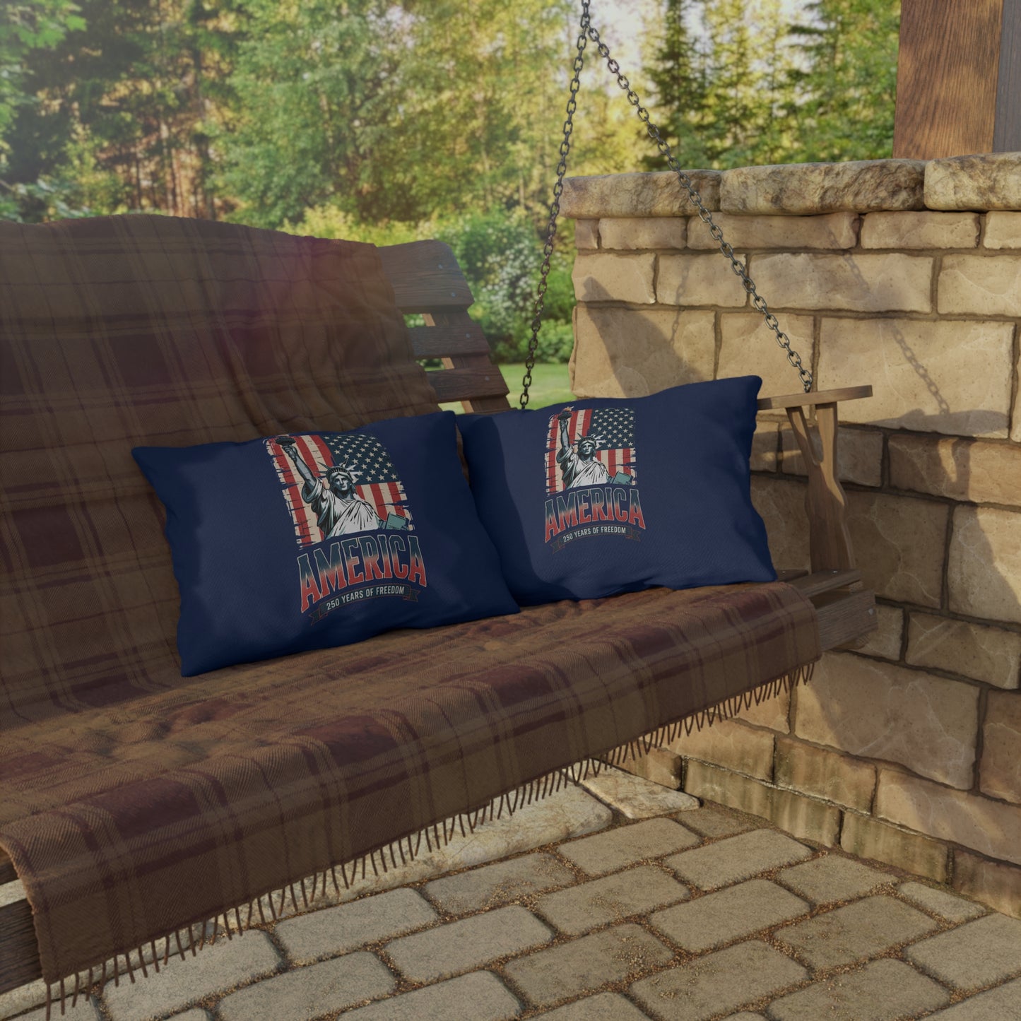#250 Statue of Liberty American Flag 'America' Patriotic Independence Day Outdoor Throw Pillow