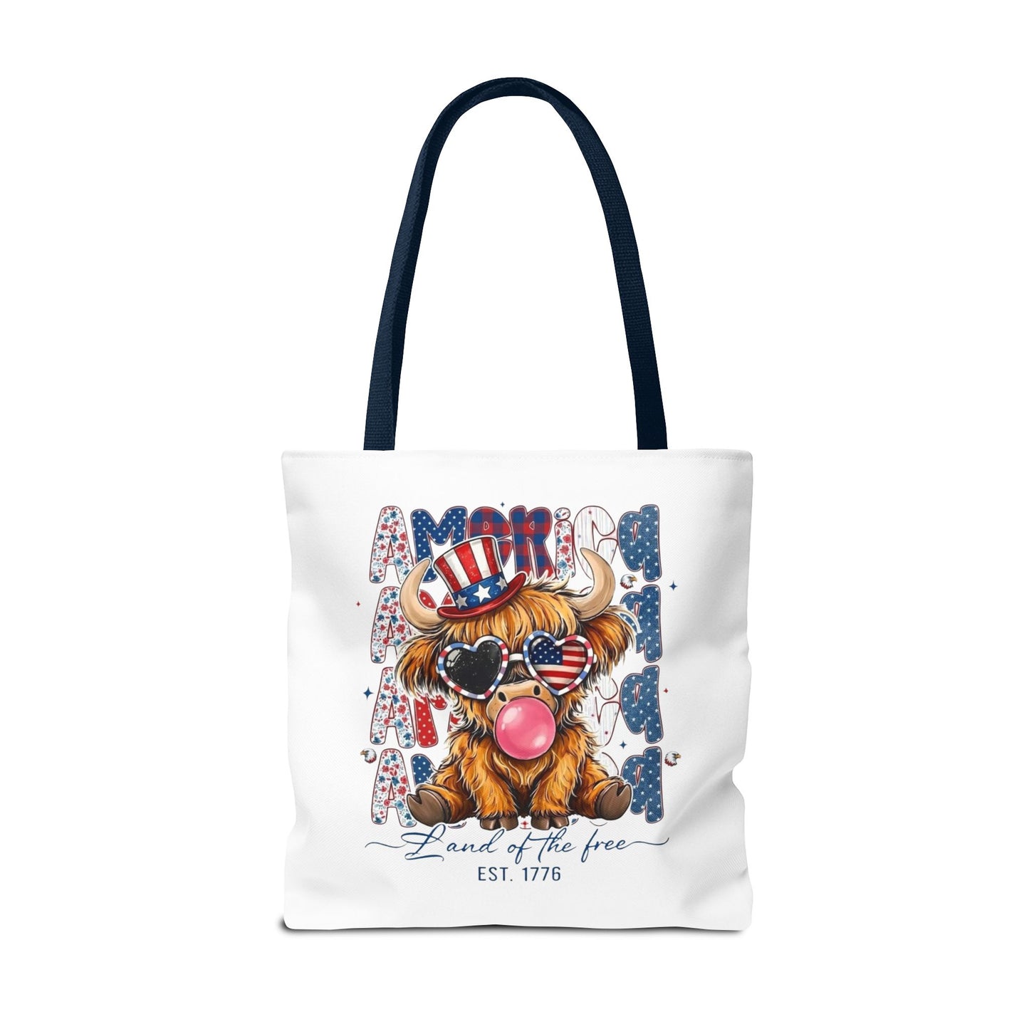 #250 American Flag Bubblegum Patriotic Highland Cow Tote Bag