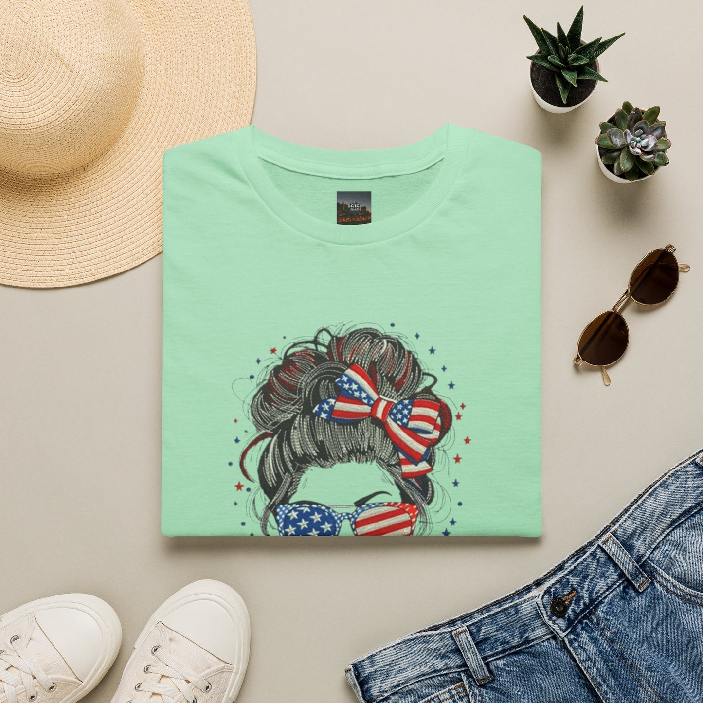 #250 "All American Girl" Patriotic Messy Bun T-Shirt