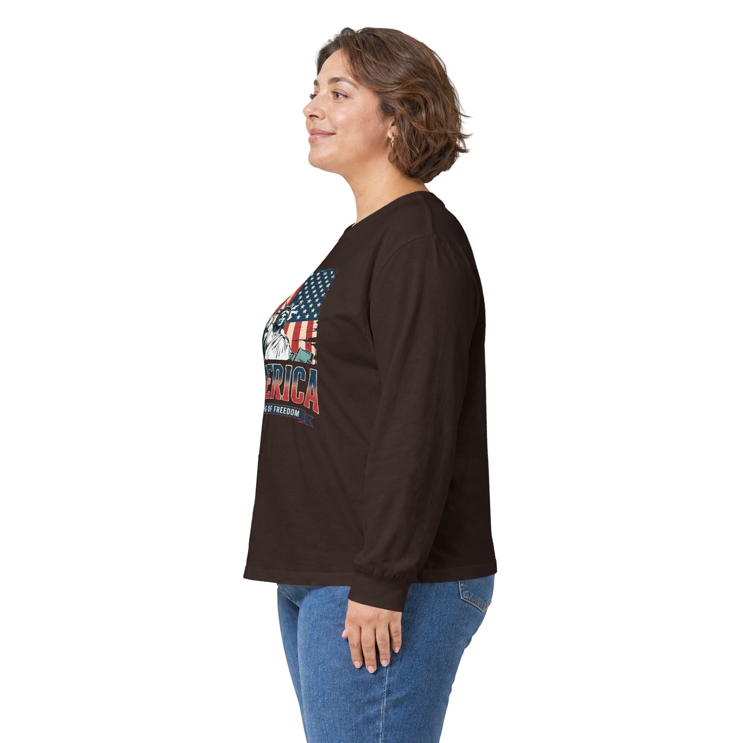 #250 Statue of Liberty American Flag 'America' Patriotic Independence Day Long Sleeve Tee
