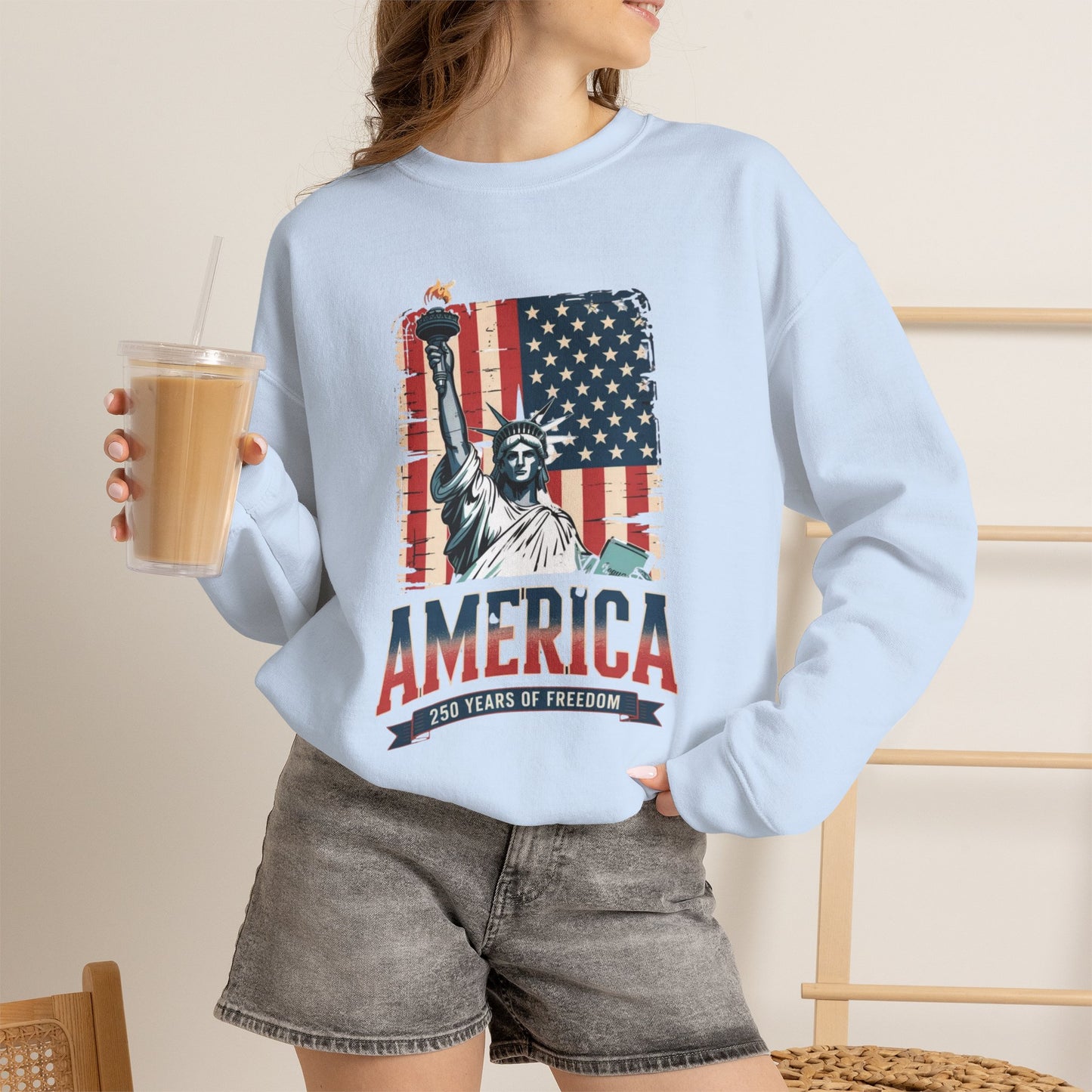 #250 Statue of Liberty American Flag 'America' Patriotic Independence Day Crewneck Sweatshirt