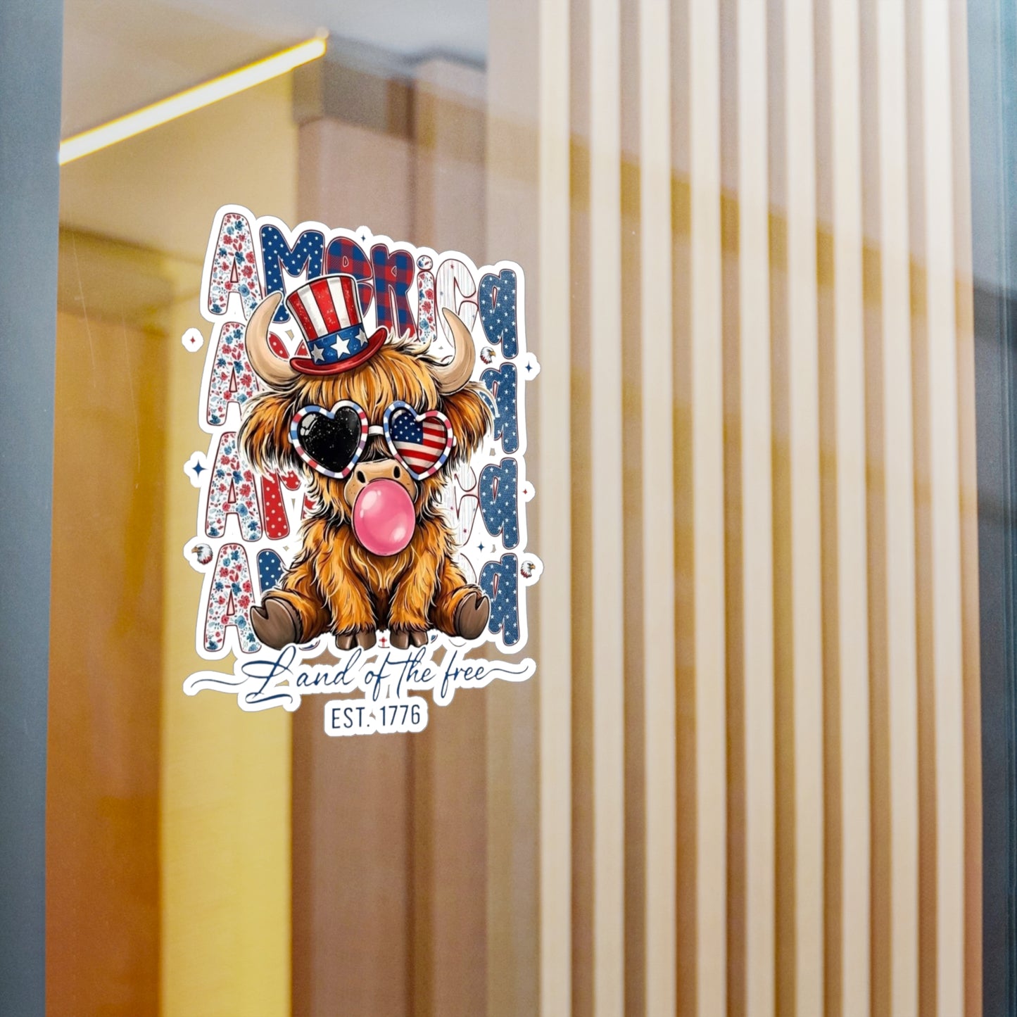 #250 American Flag Bubblegum Patriotic Highland Cow Vinyl Sticker Kiss-Cut Decal (Fourth of July)