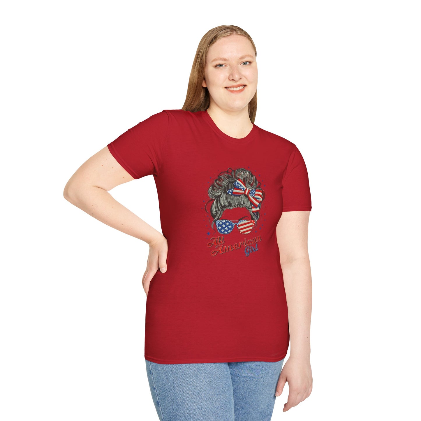 #250 "All American Girl" Patriotic Messy Bun T-Shirt