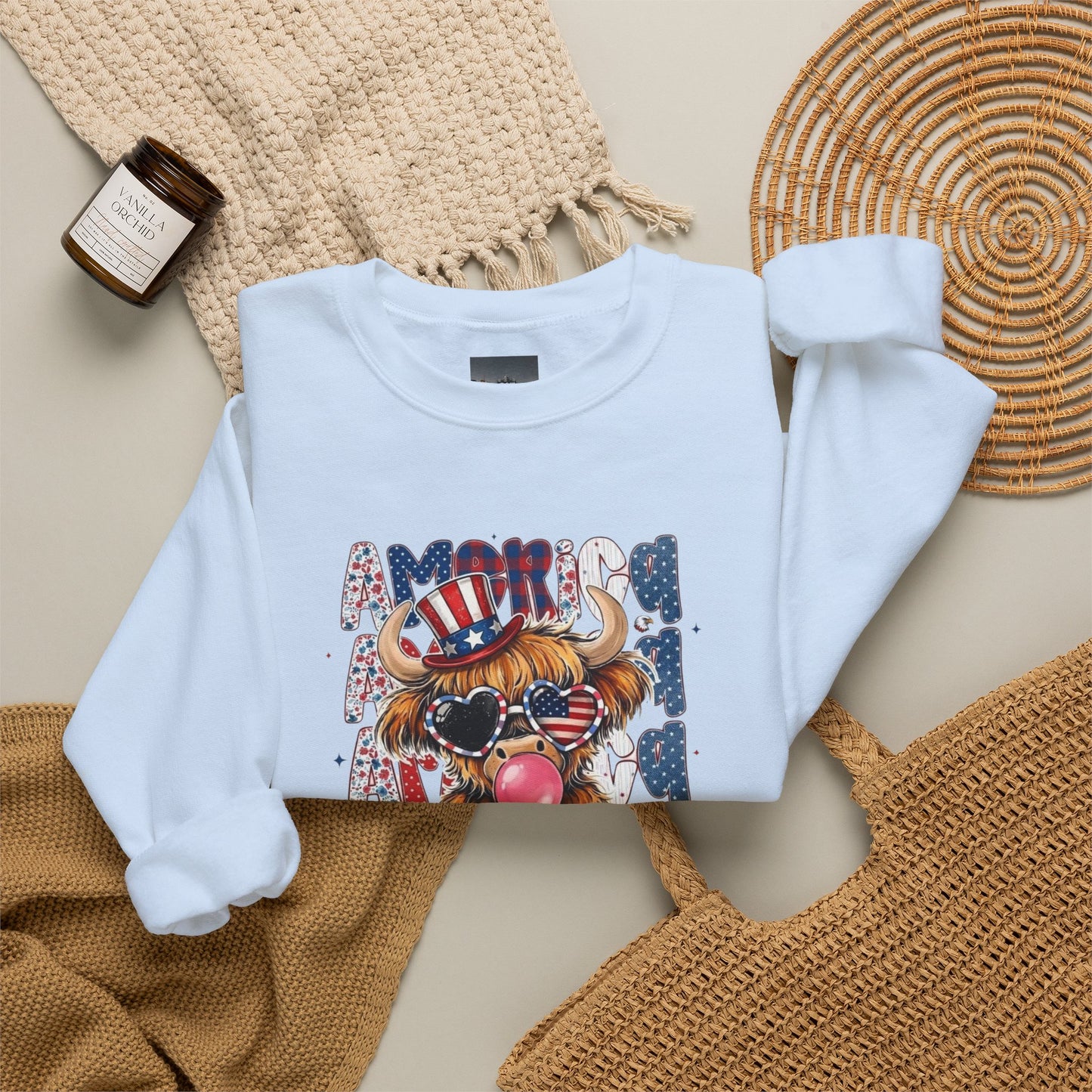 #250 American Flag Bubblegum Patriotic Highland Cow Sweatshirt