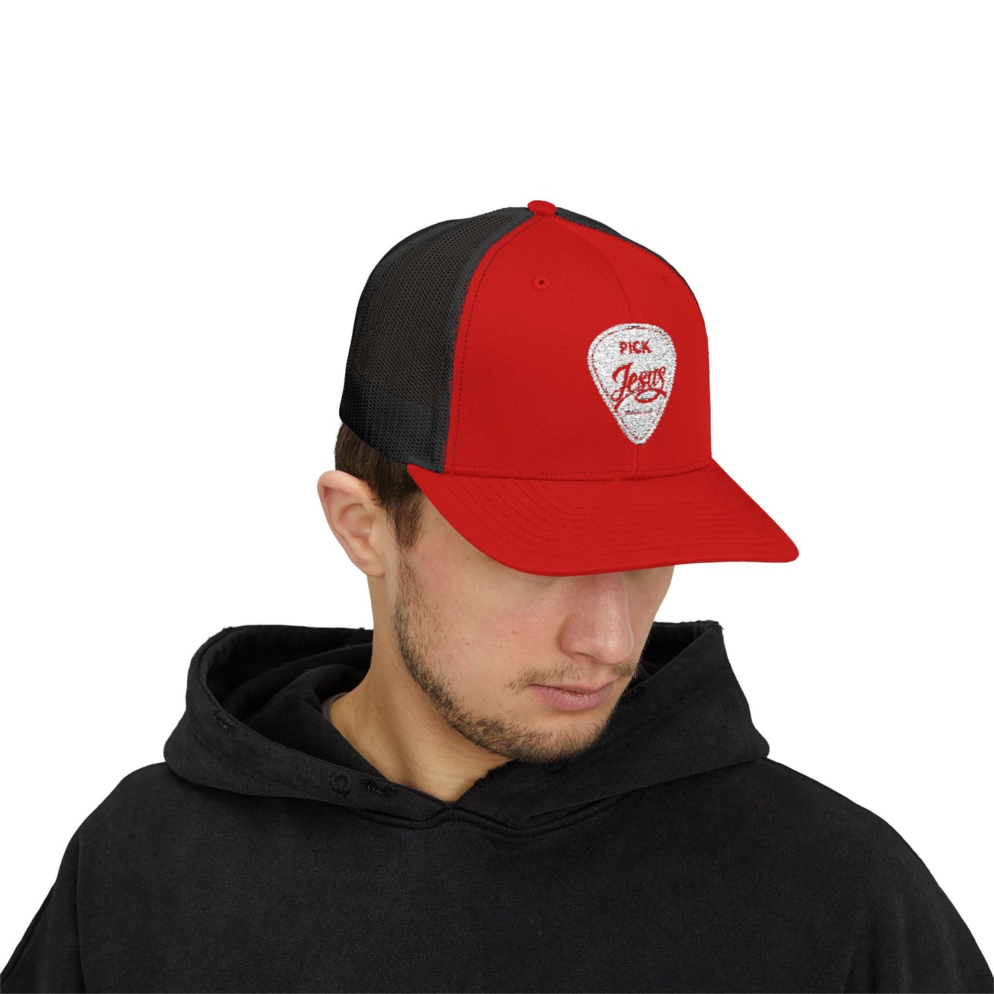 Pick Jesus Guitar Pick Snapback Trucker Cap Christian Guitar Pick Design (Romans 10:13)