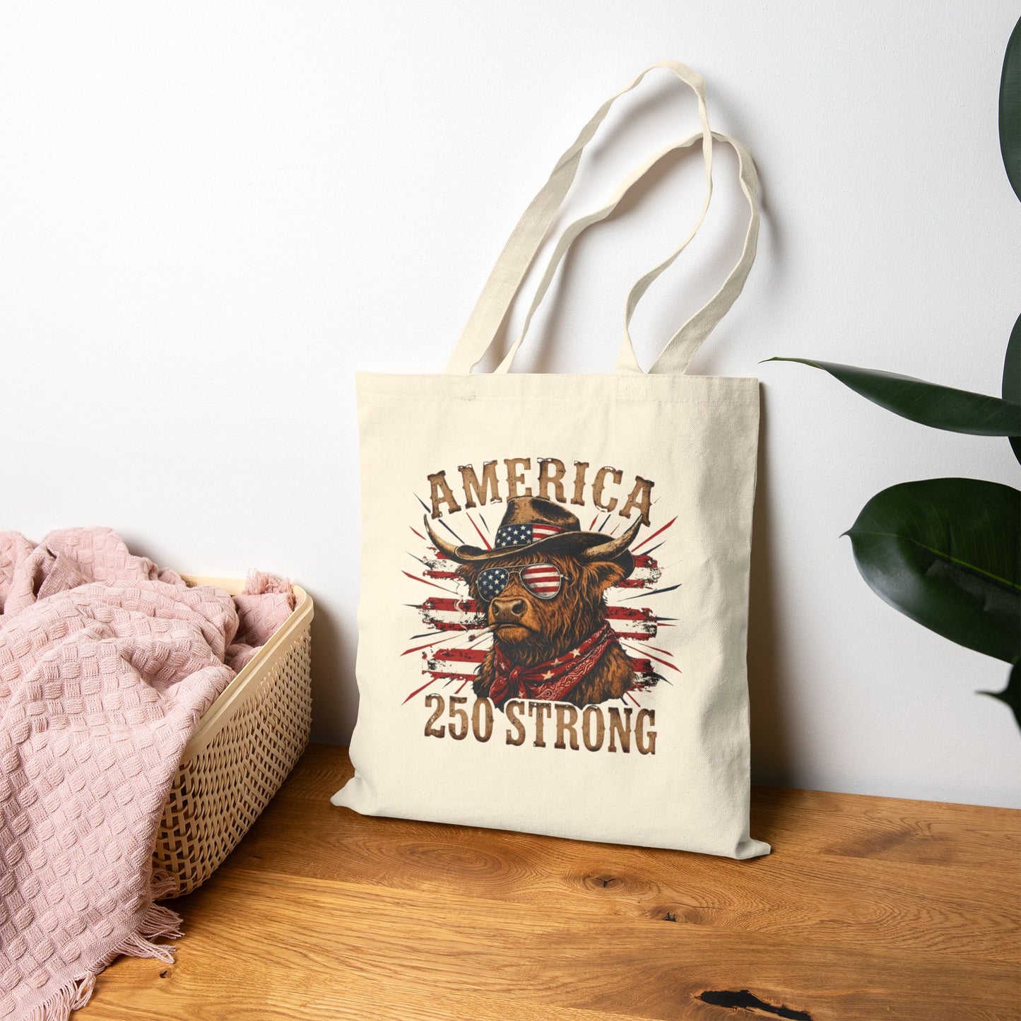 #250 America 250 Strong Patriotic Bull with American Flag Canvas Tote Bag