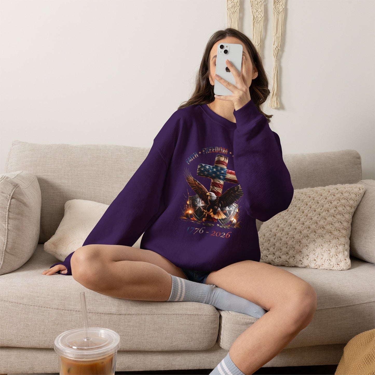 #250 Faith • Freedom 250 Years American Flag Cross & Eagle 1776-2026 Crewneck Sweatshirt
