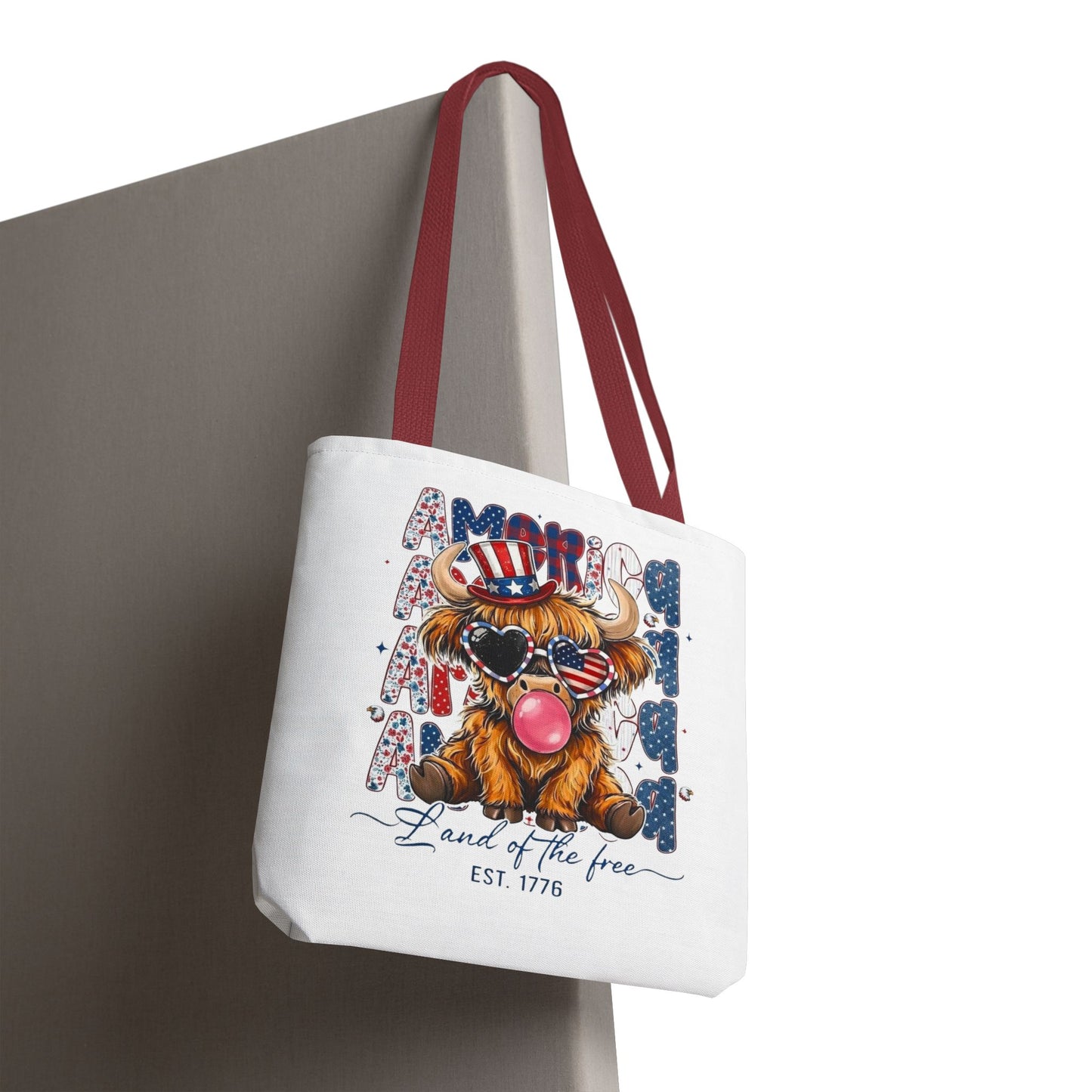 #250 American Flag Bubblegum Patriotic Highland Cow Tote Bag