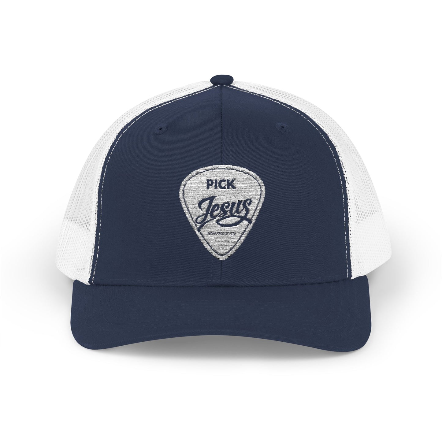 Pick Jesus Guitar Pick Snapback Trucker Cap Christian Guitar Pick Design (Romans 10:13)