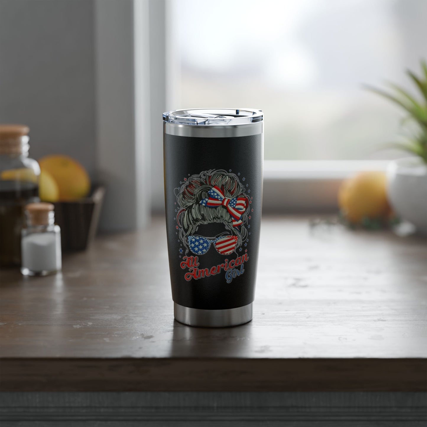 #250 "All American Girl" Patriotic Messy Bun 20oz Stainless Travel Tumbler 'Vagabond'