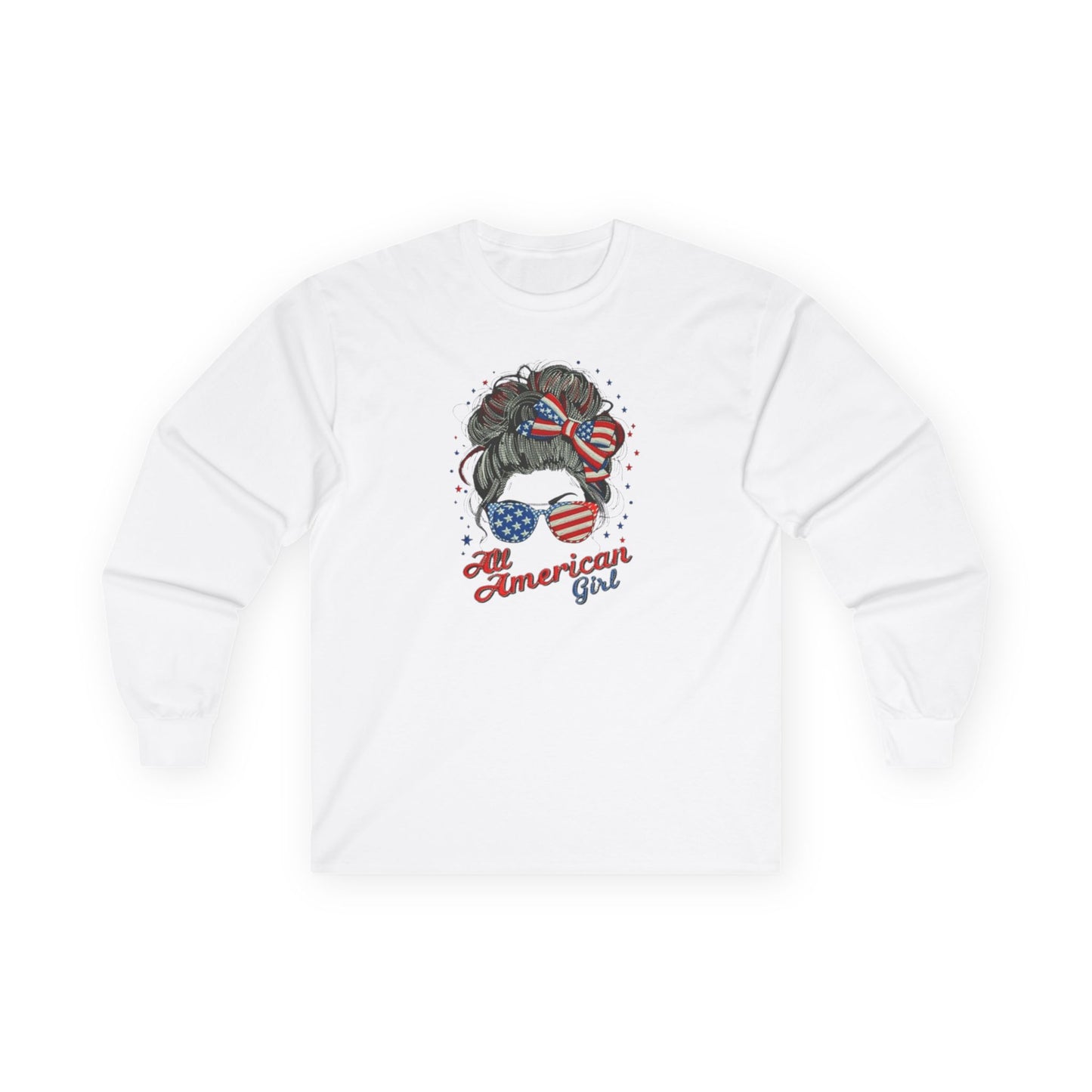 #250 "All American Girl" Patriotic Messy Bun Long Sleeve Tee