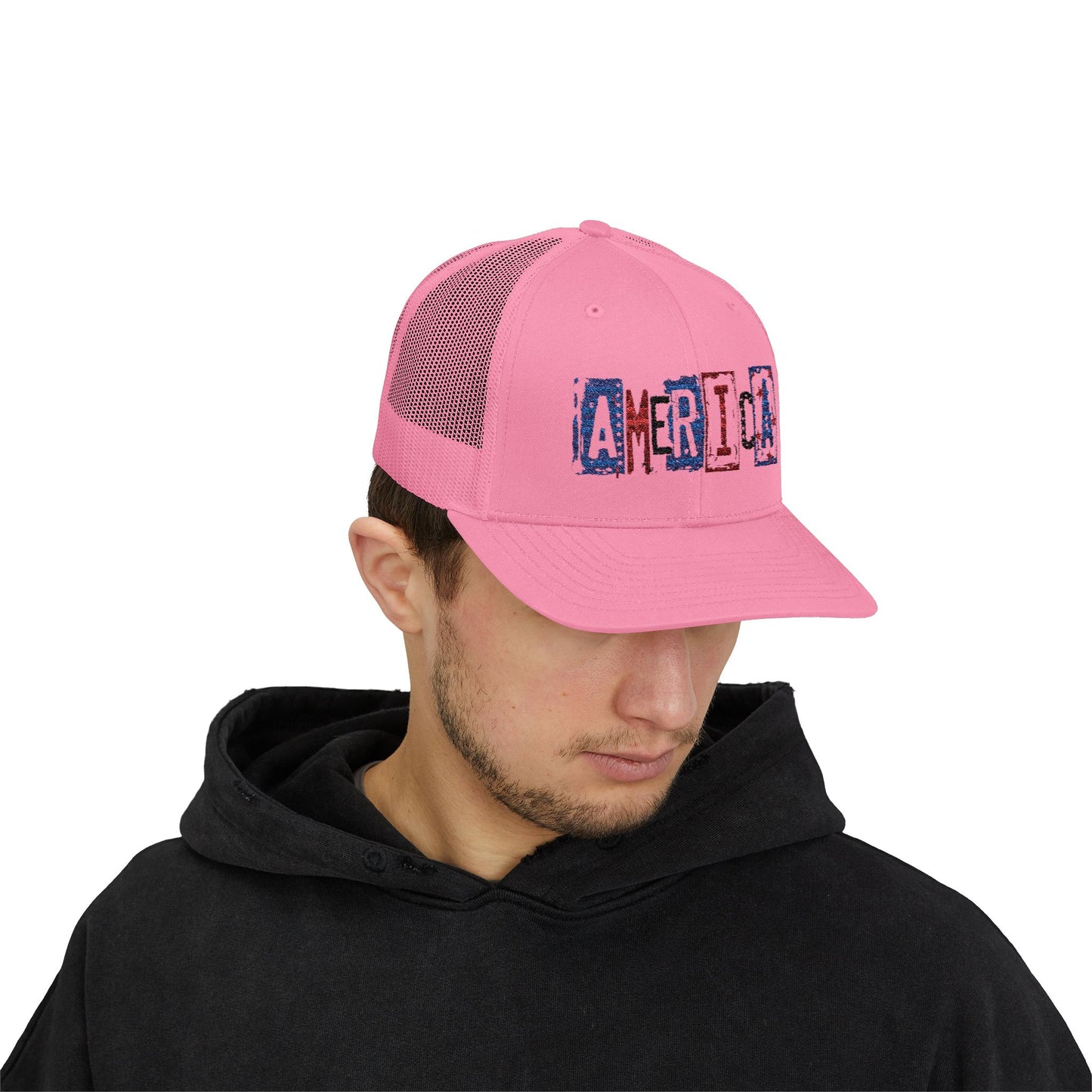 #250 America Retro Block Text Patriotic Snapback Trucker Cap
