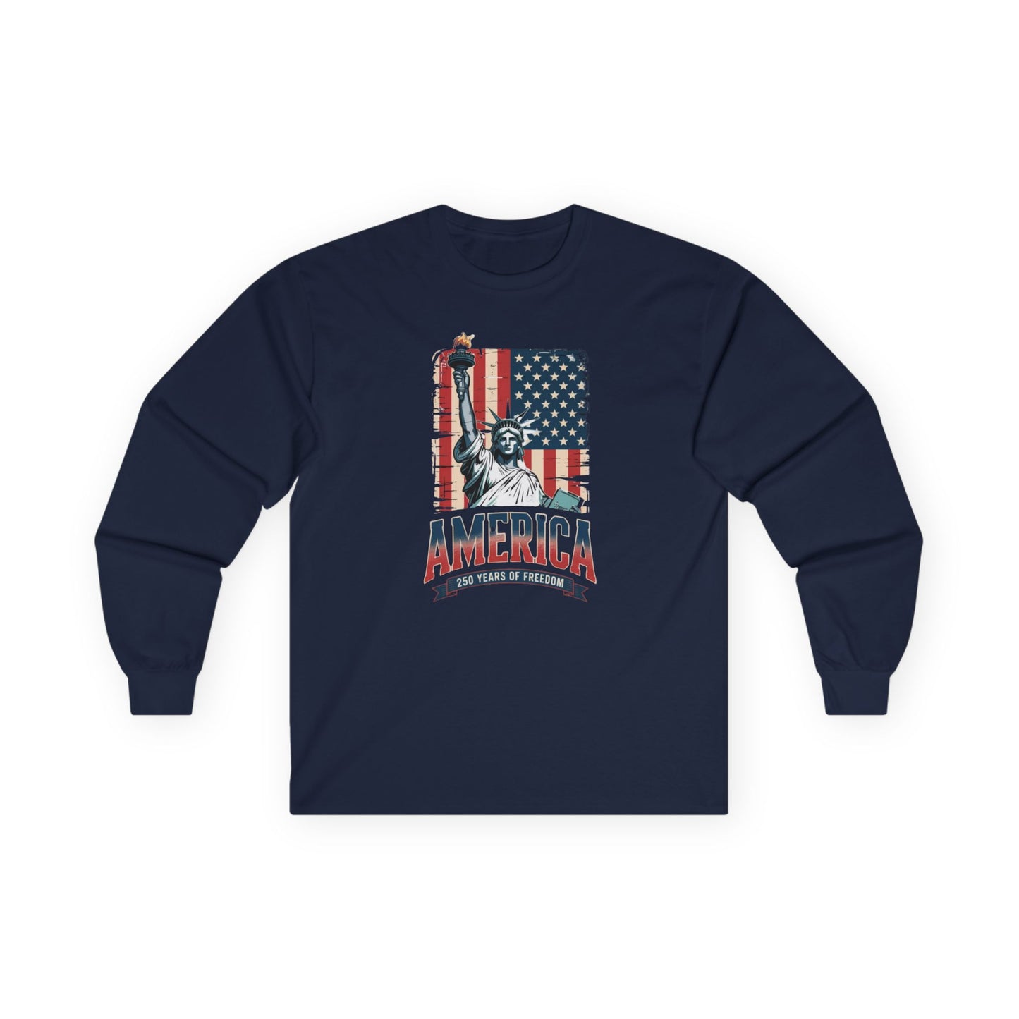 #250 Statue of Liberty American Flag 'America' Patriotic Independence Day Long Sleeve Tee