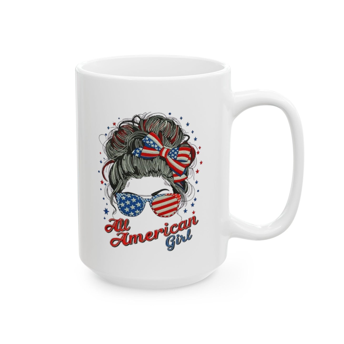 #250 "All American Girl" Patriotic Messy Bun Ceramic Mug - 11oz & 15oz
