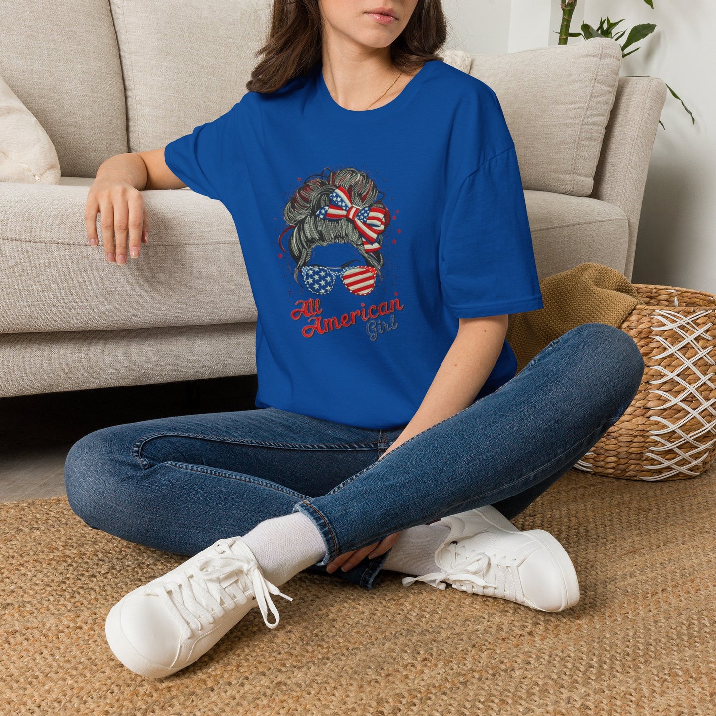 #250 "All American Girl" Patriotic Messy Bun T-Shirt
