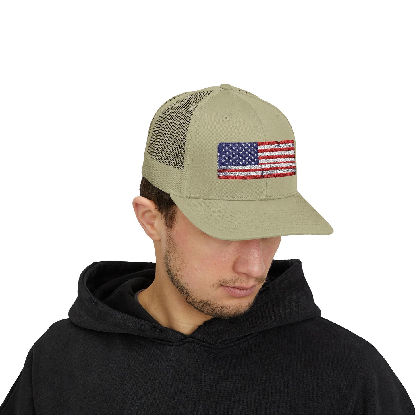 #250 Distressed American Flag Snapback Trucker Cap