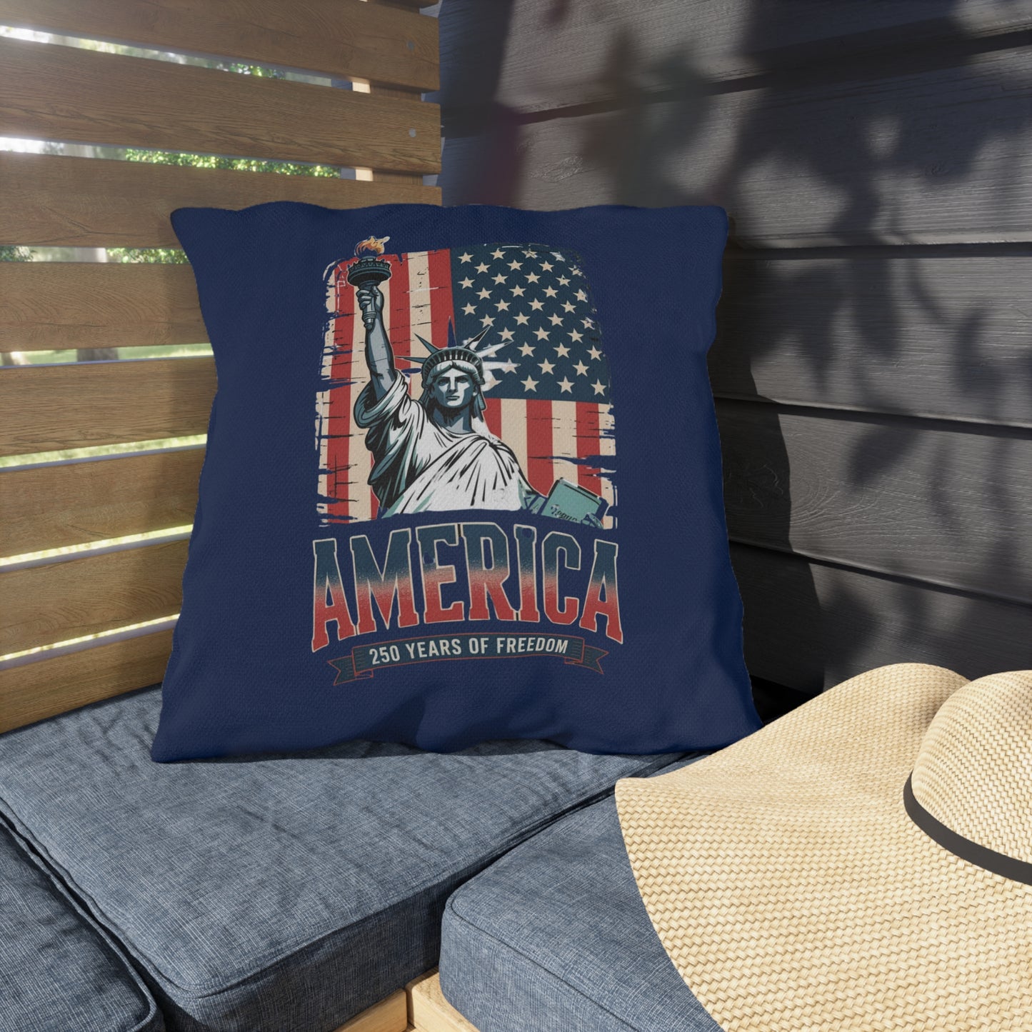 #250 Statue of Liberty American Flag 'America' Patriotic Independence Day Outdoor Throw Pillow