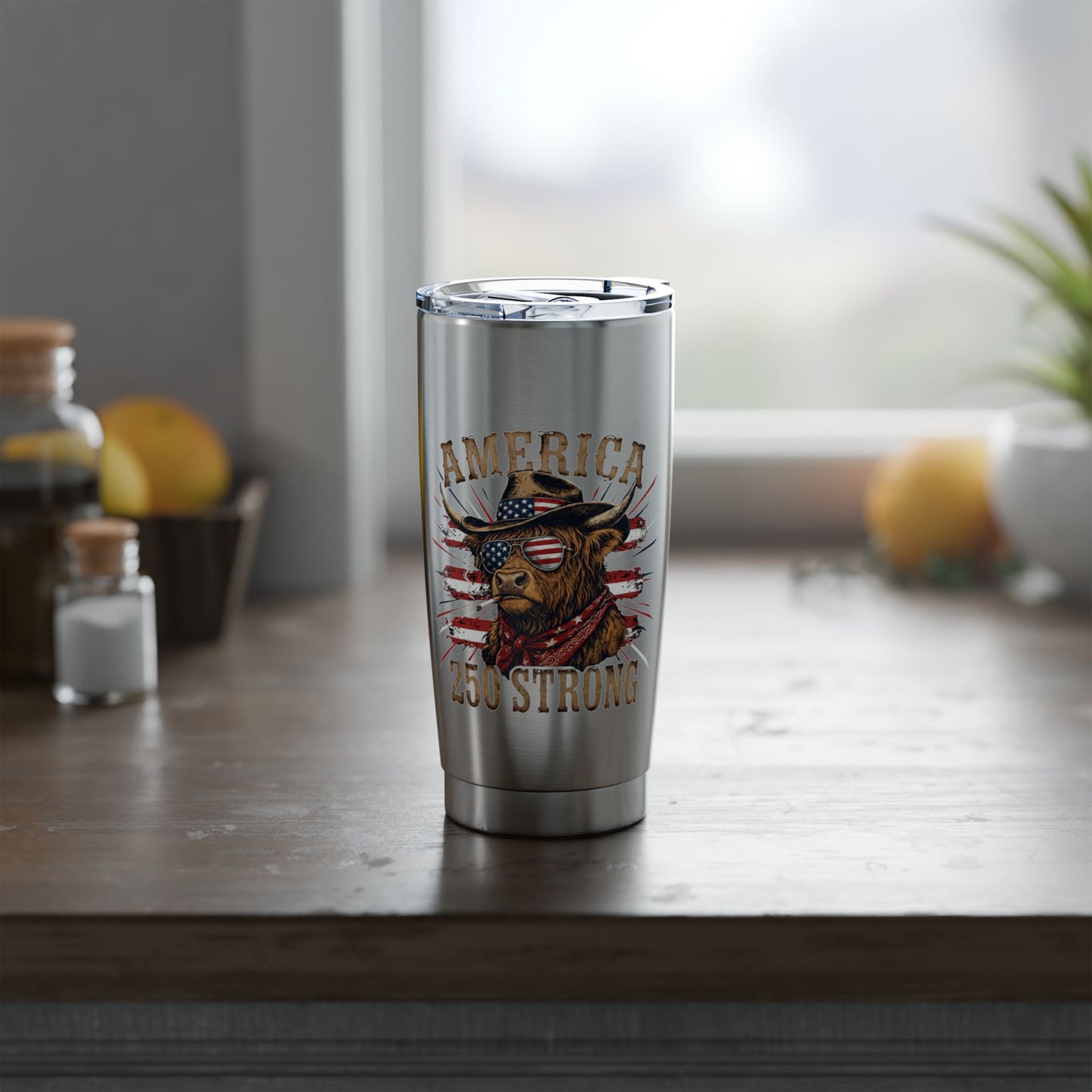 #250 America 250 Strong Patriotic Bull with American Flag 20oz Stainless Travel Tumbler 'Vagabond'