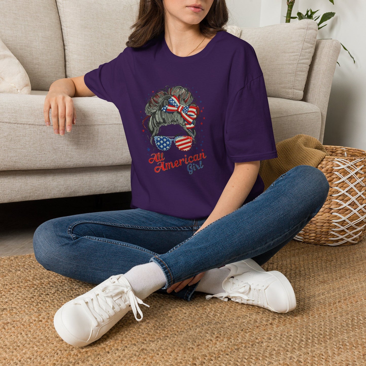 #250 "All American Girl" Patriotic Messy Bun T-Shirt