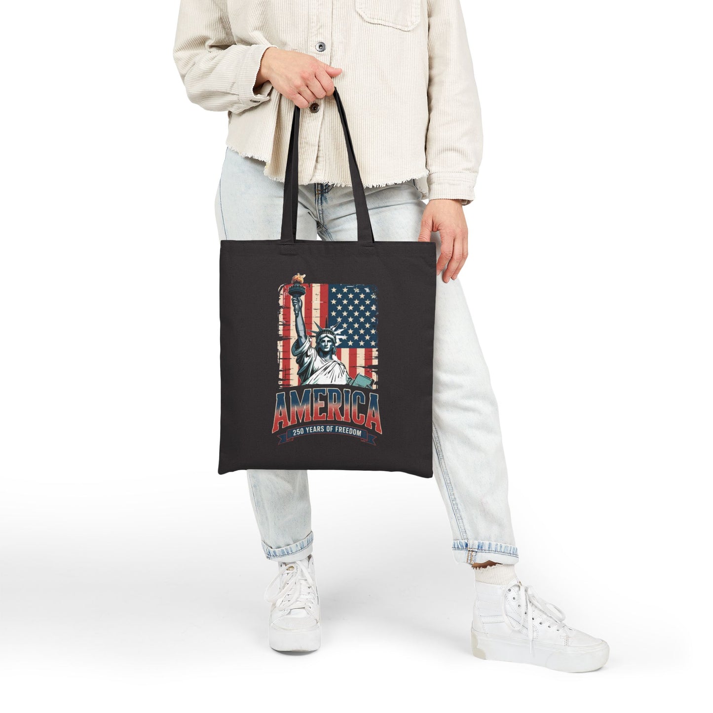 #250 Statue of Liberty American Flag 'America' Patriotic Independence Day Canvas Tote