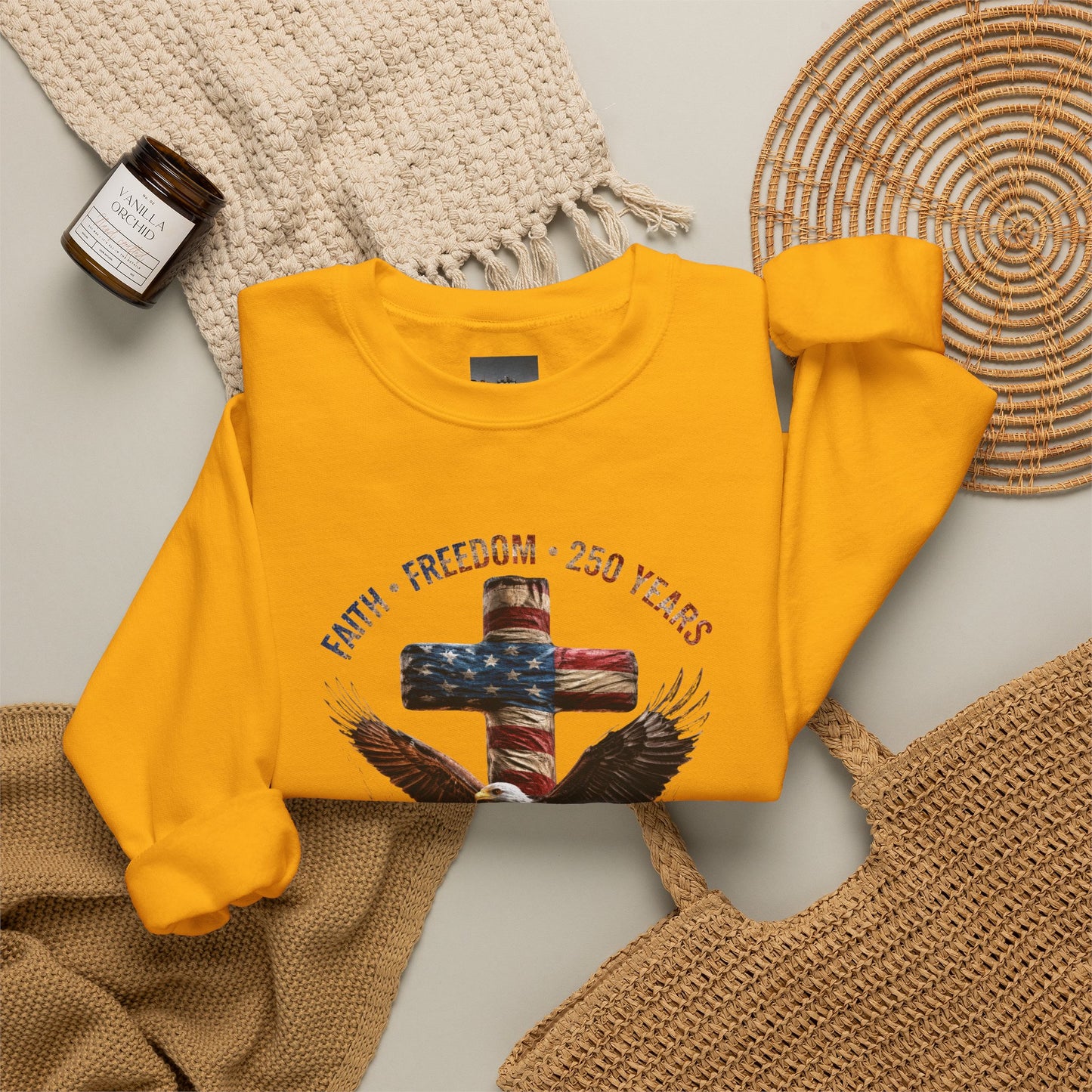 #250 Faith • Freedom 250 Years American Flag Cross & Eagle 1776-2026 Crewneck Sweatshirt