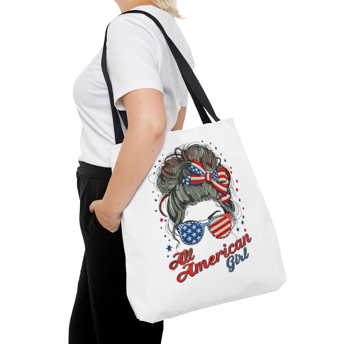 #250 "All American Girl" Patriotic Messy Bun Tote Bag