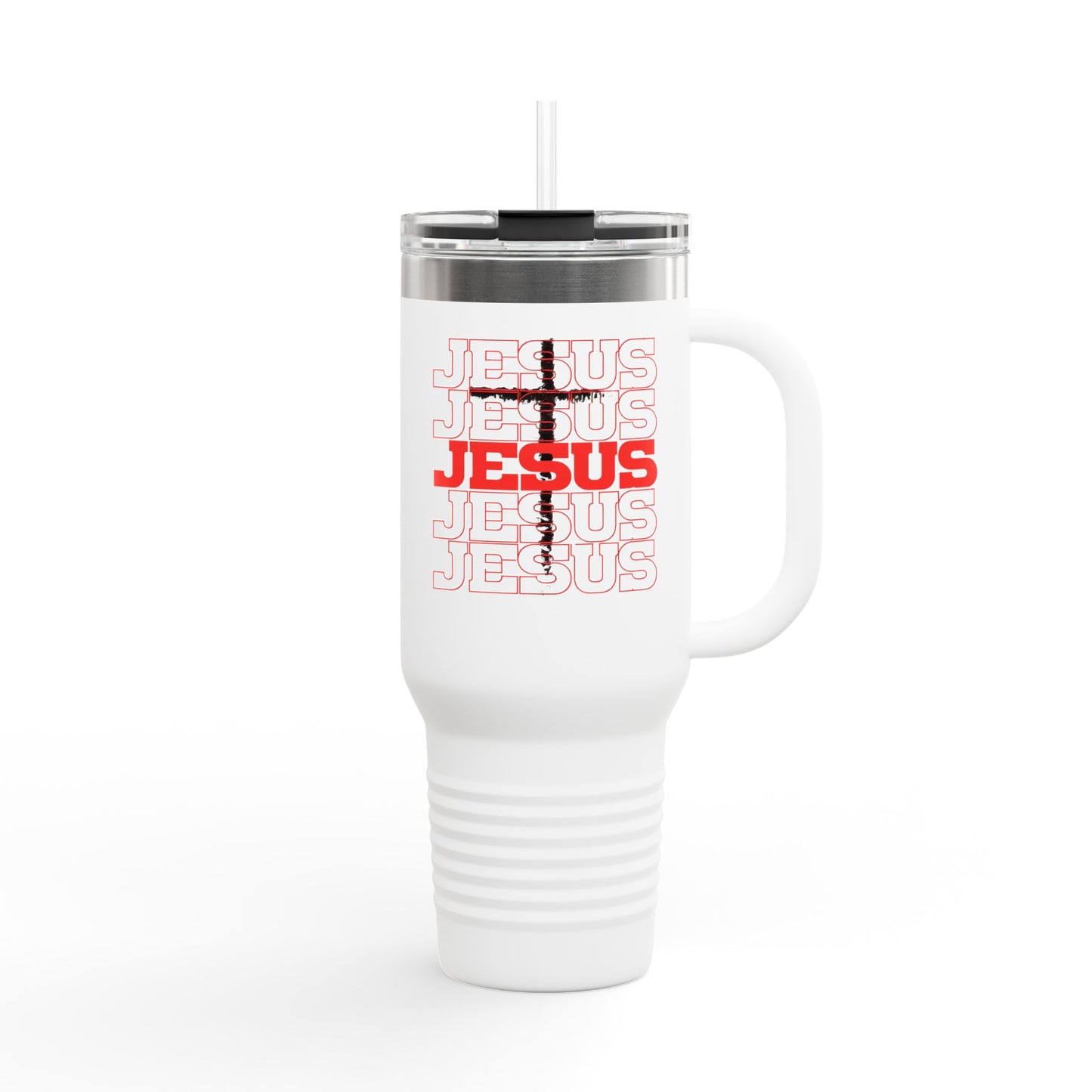Jesus Cross Red Text Black Cross Graphic 40oz Insulated Travel Mug — Large Christian Tumbler with Straw