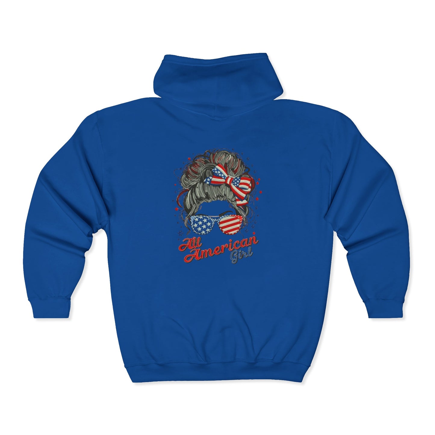 #250 "All American Girl" Patriotic Messy Bun Zip Hoodie