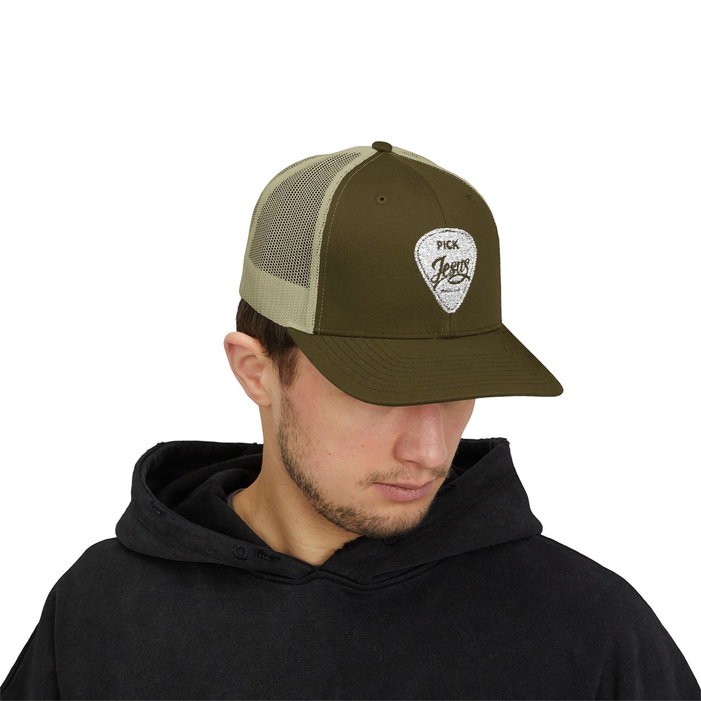 Pick Jesus Guitar Pick Snapback Trucker Cap Christian Guitar Pick Design (Romans 10:13)