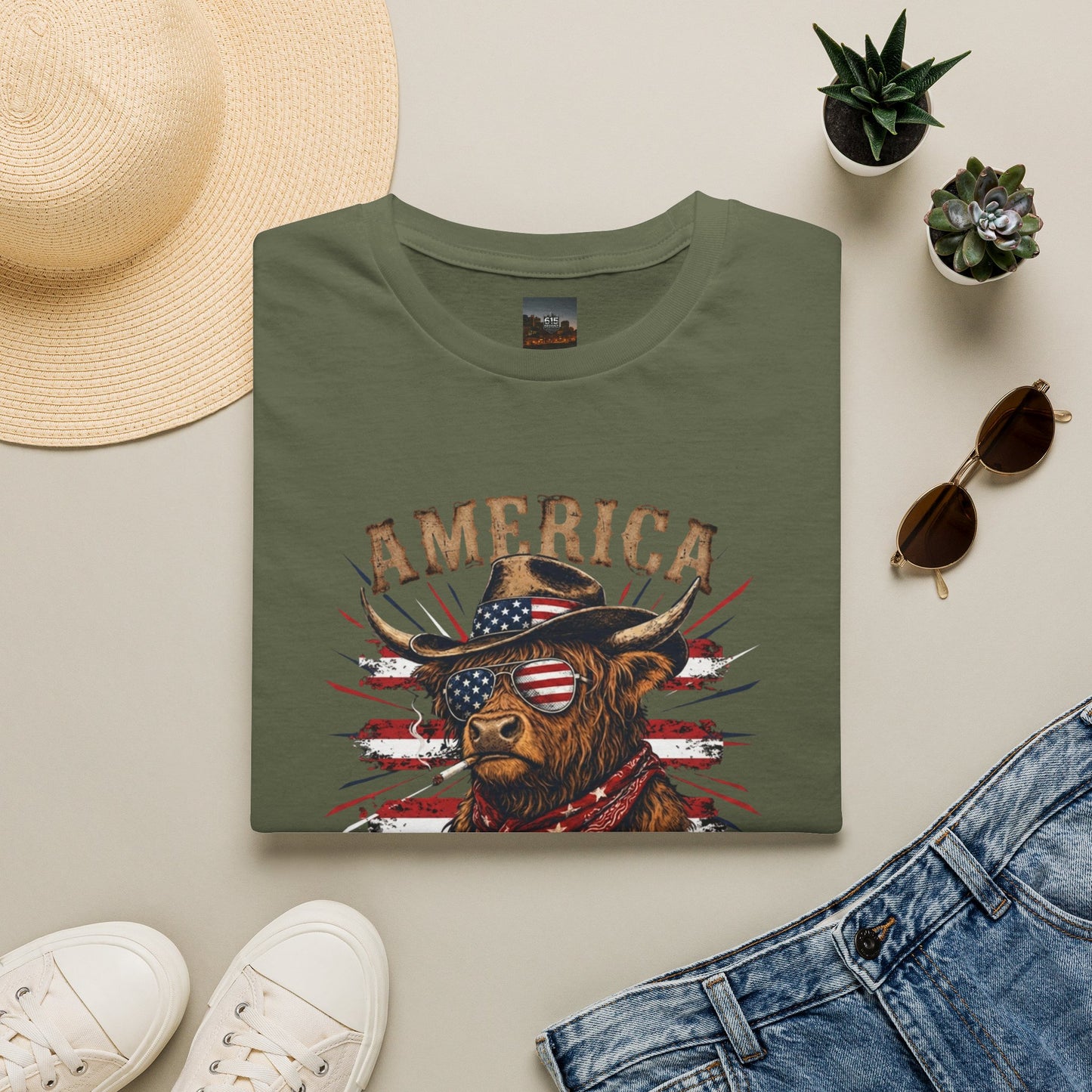 #250 America 250 Strong Patriotic Bull with American Flag T-Shirt