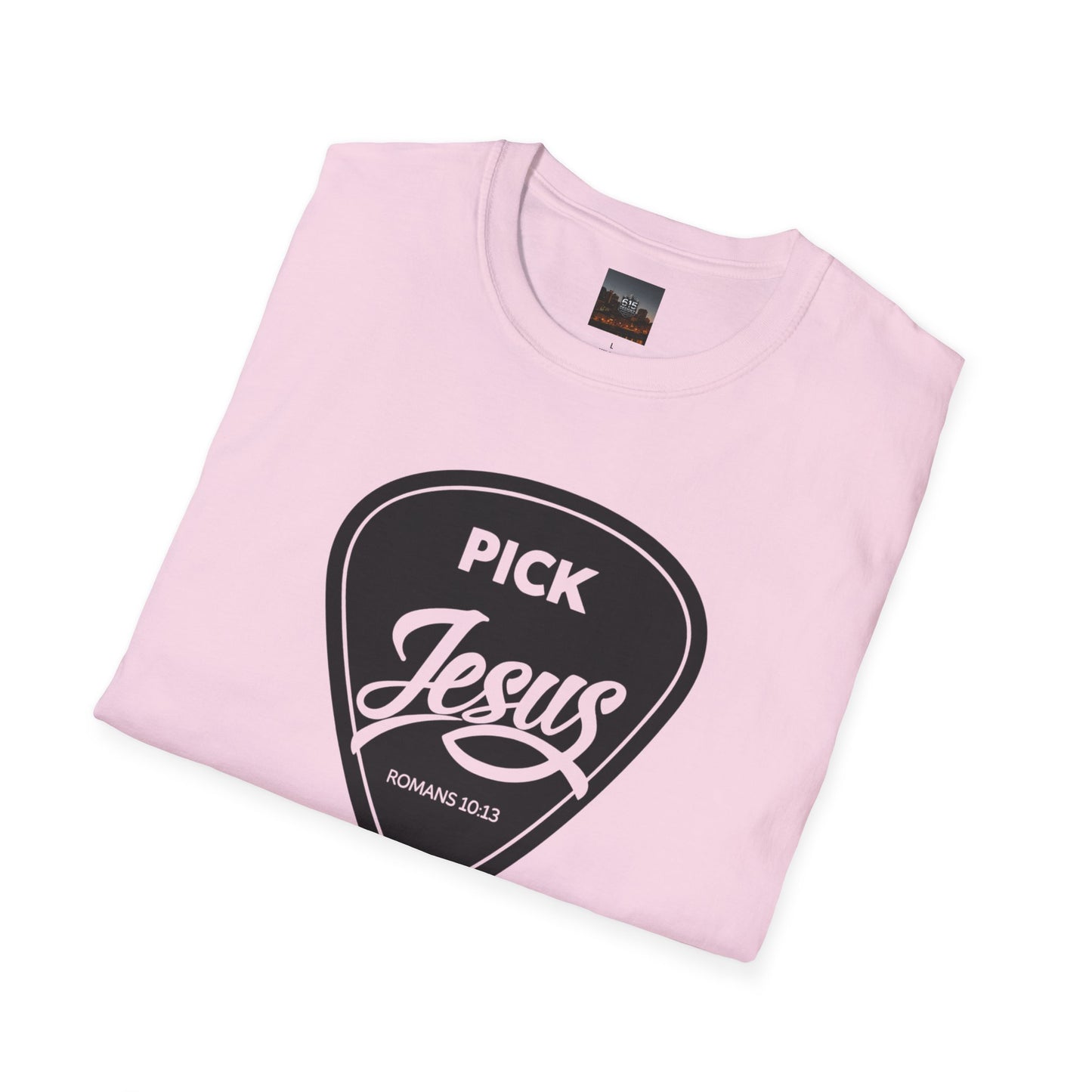 Pick Jesus T-Shirt — Christian Guitar Pick Design (Romans 10:13)