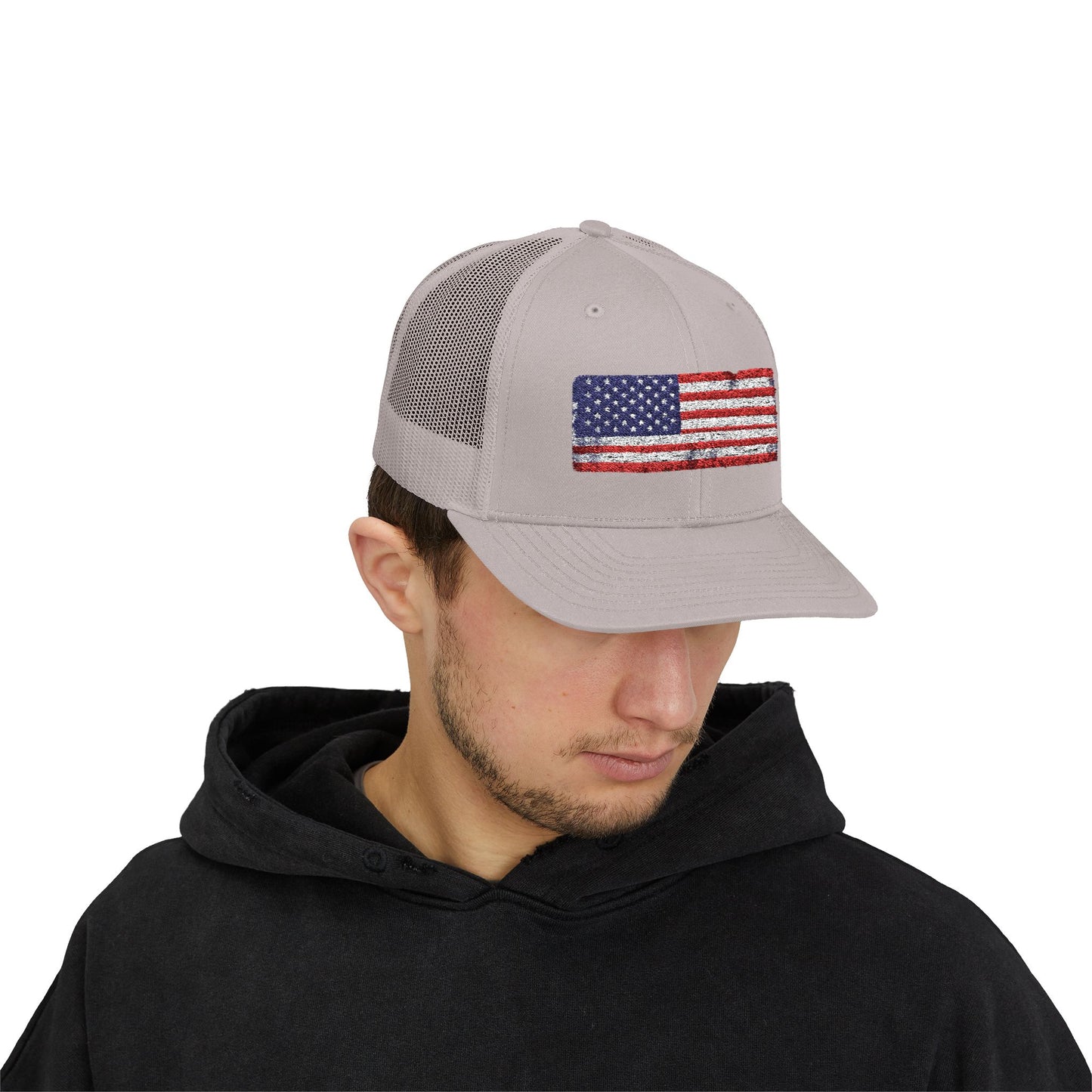 #250 Distressed American Flag Snapback Trucker Cap