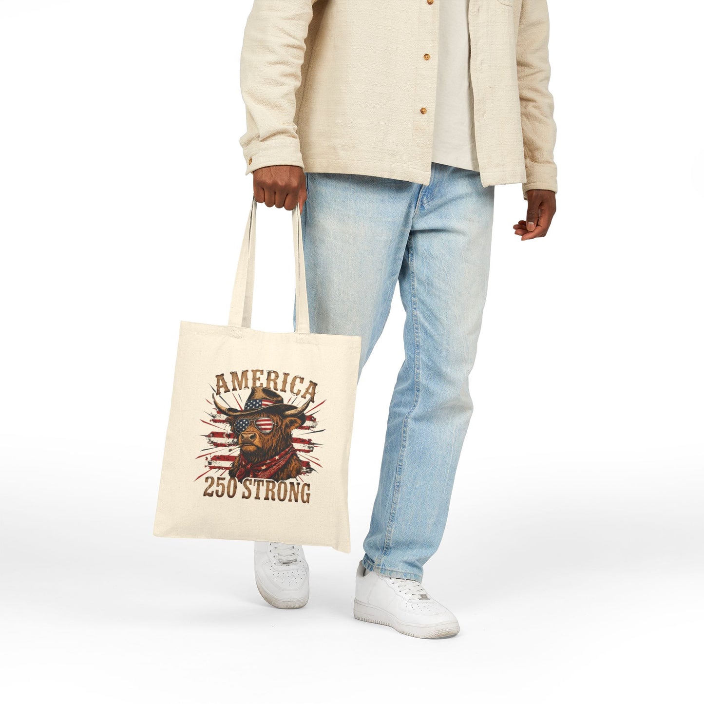 #250 America 250 Strong Patriotic Bull with American Flag Canvas Tote Bag