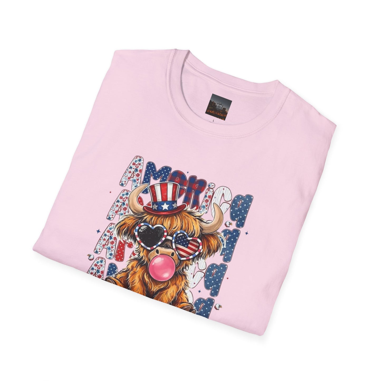 #250 American Flag Bubblegum Patriotic Highland Cow T-Shirt