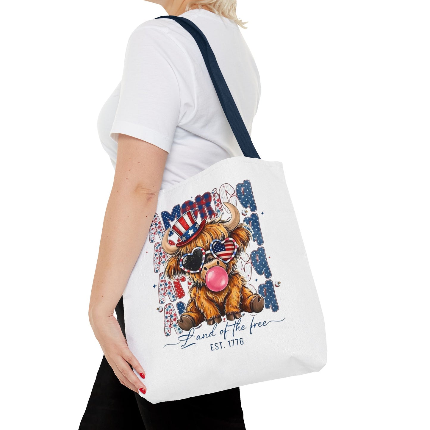 #250 American Flag Bubblegum Patriotic Highland Cow Tote Bag