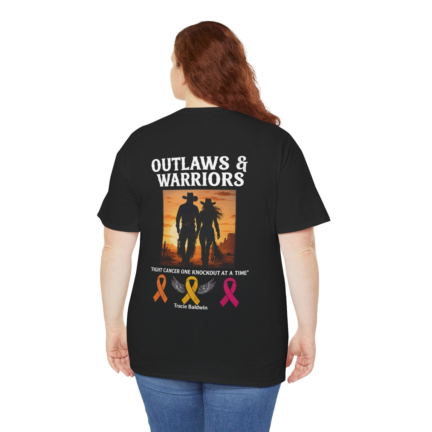 Outlaws & Warriors 100% Cotton T-Shirt — Minimal Chest Logo with Graphic On Back