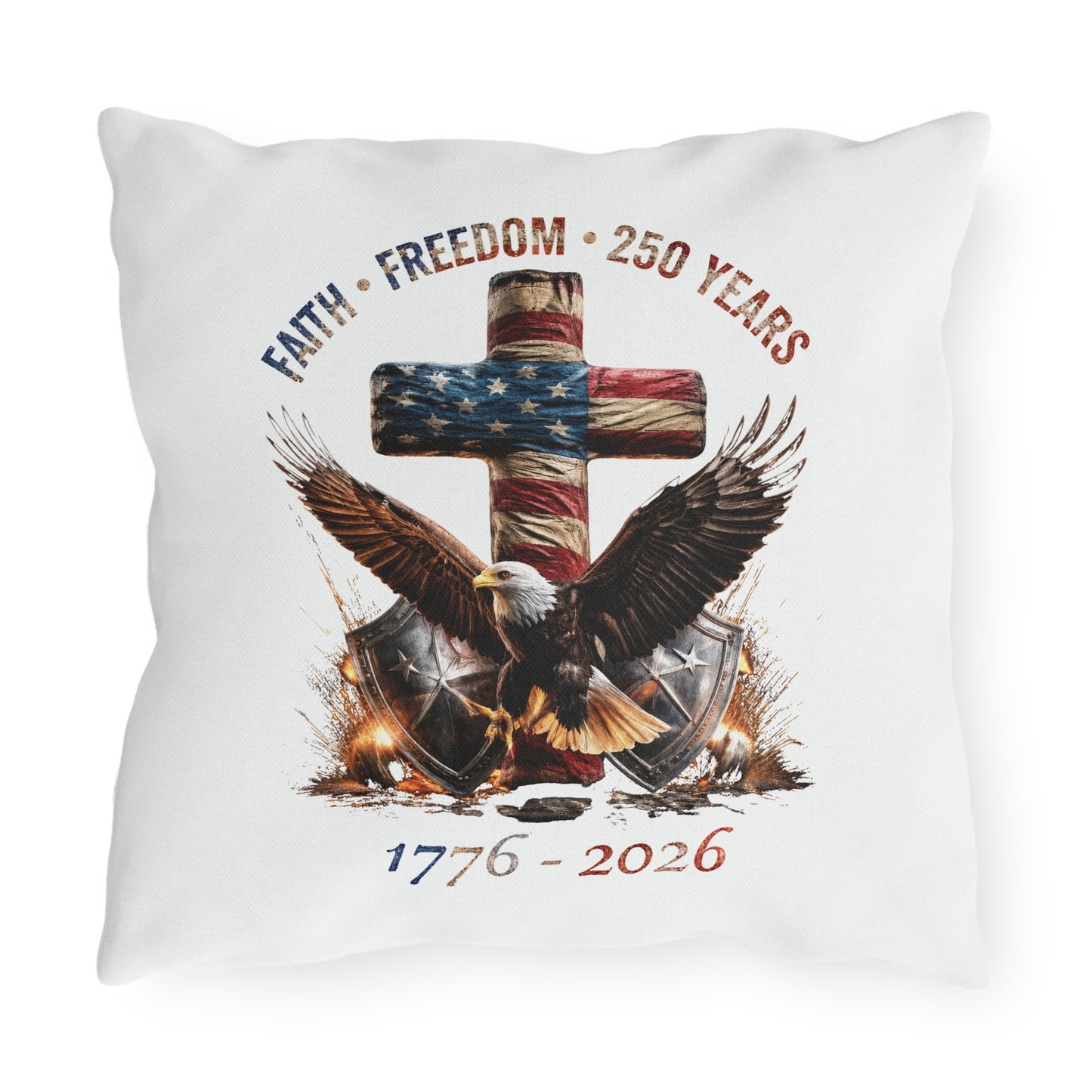 #250 Faith • Freedom 250 Years American Flag Cross & Eagle 1776-2026 Outdoor Throw Pillow