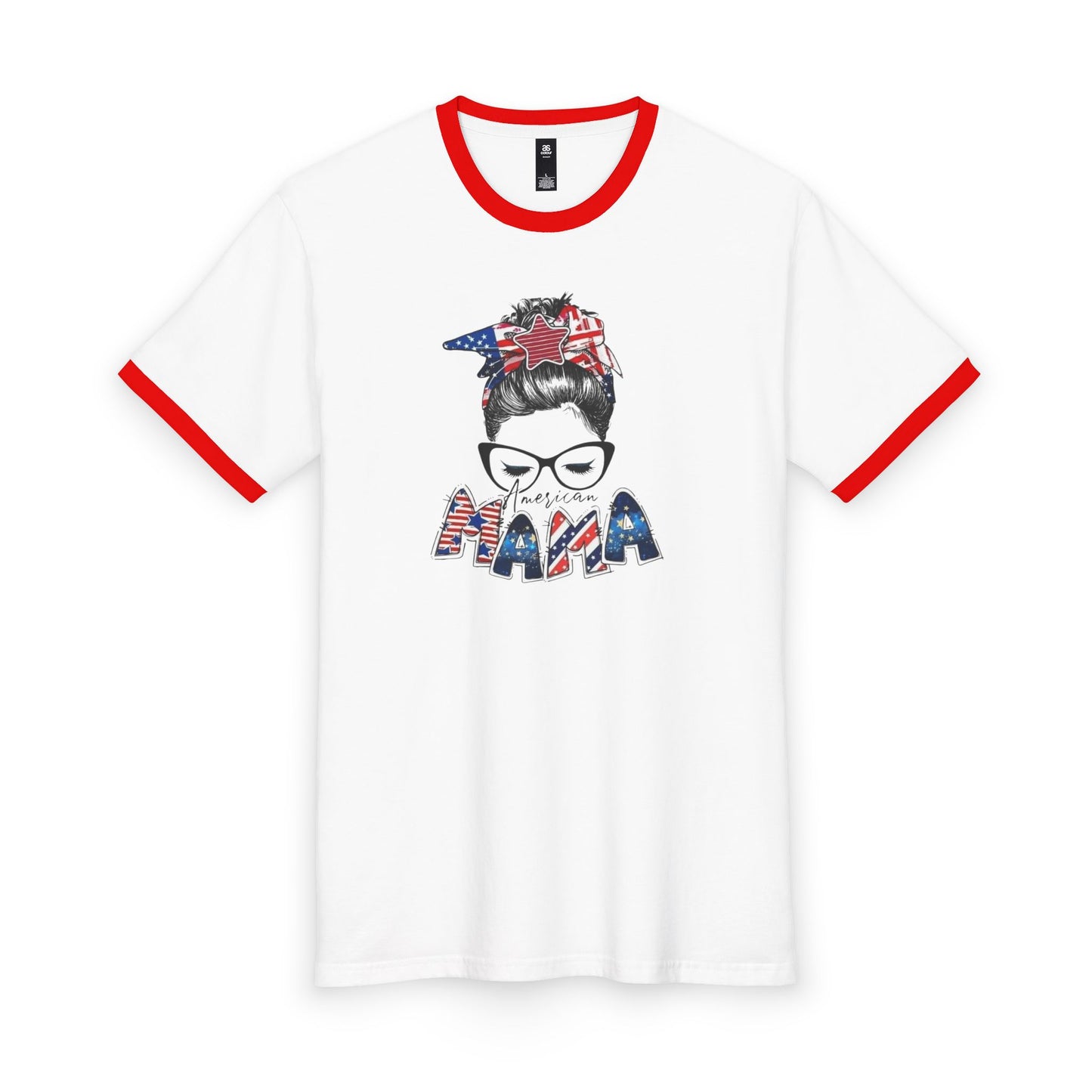 #250 Mama USA Flag Messy Bun Ringer Tee