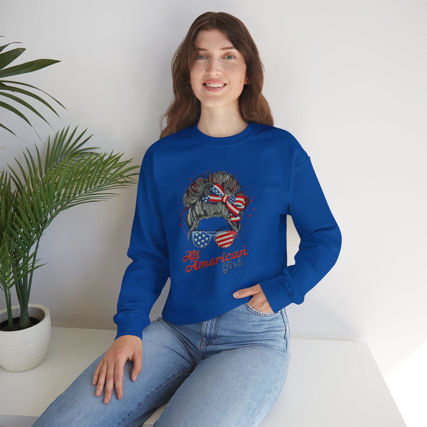 #250 "All American Girl" Patriotic Messy Bun Sweatshirt